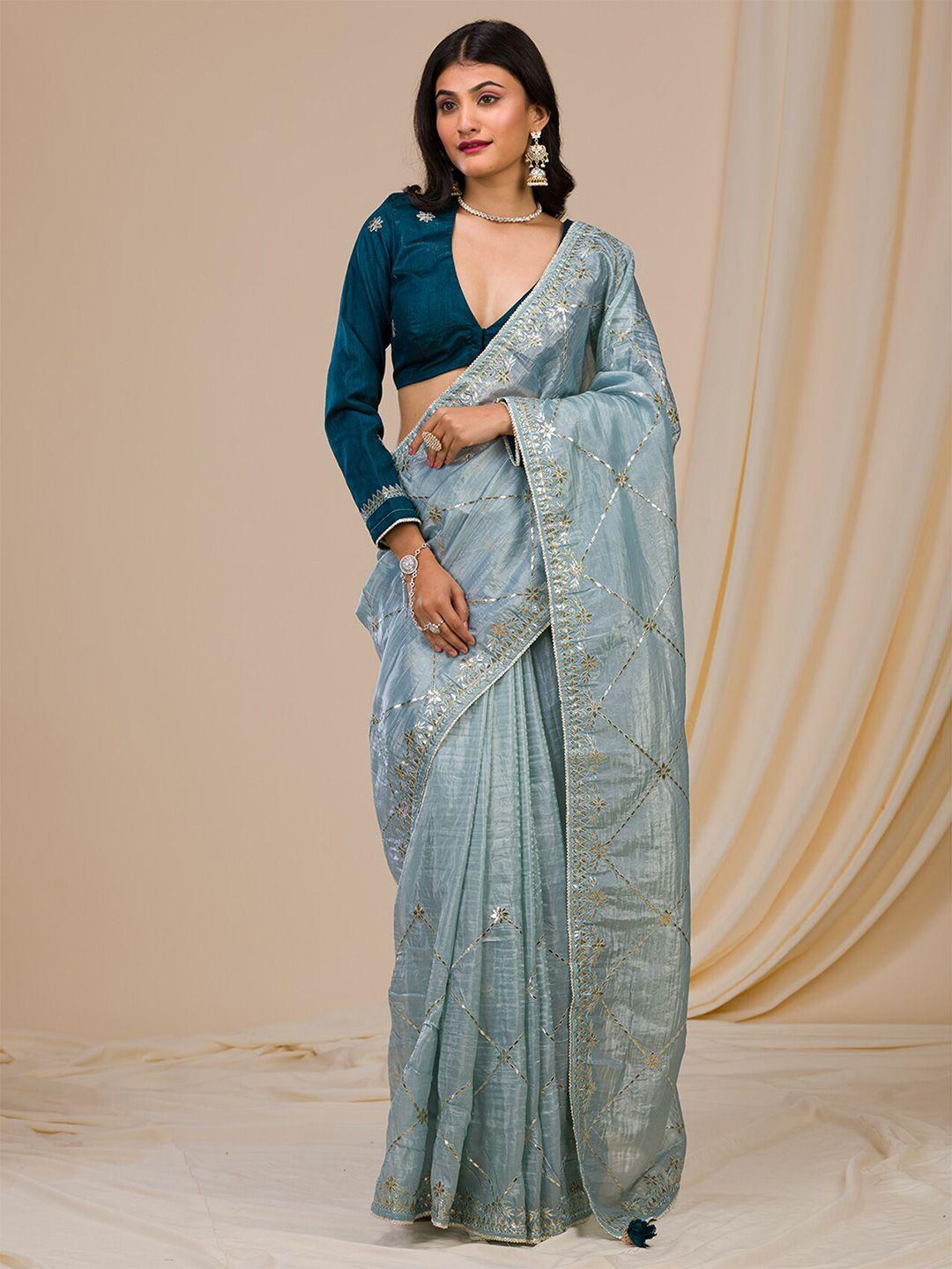 koskii ethnic motifs embroidered tissue saree