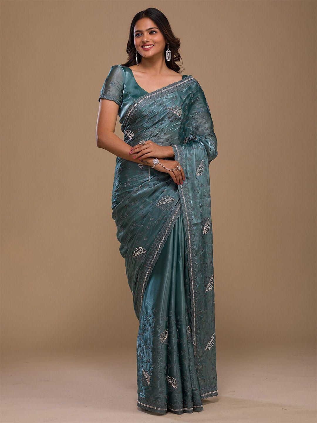 koskii floral embroidered beads and stones embellished tissue saree