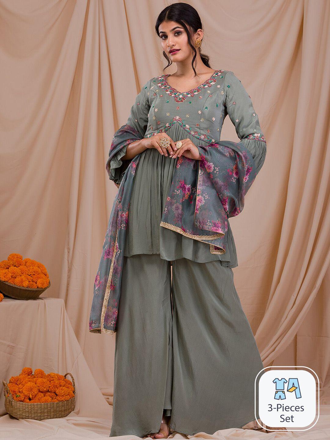 koskii floral embroidered empire kurti with palazzos & dupatta