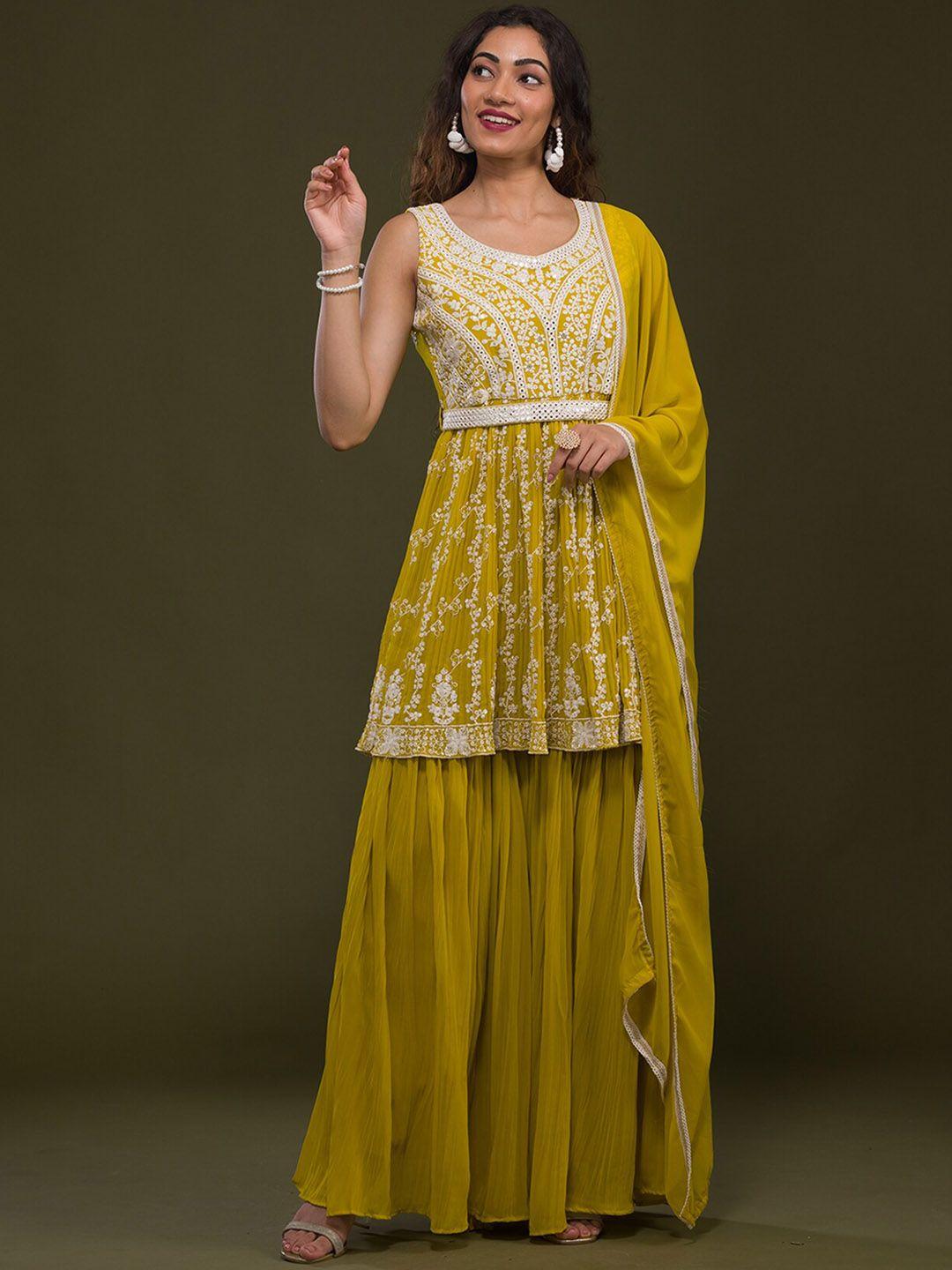 koskii floral embroidered empire kurti with sharara & dupatta