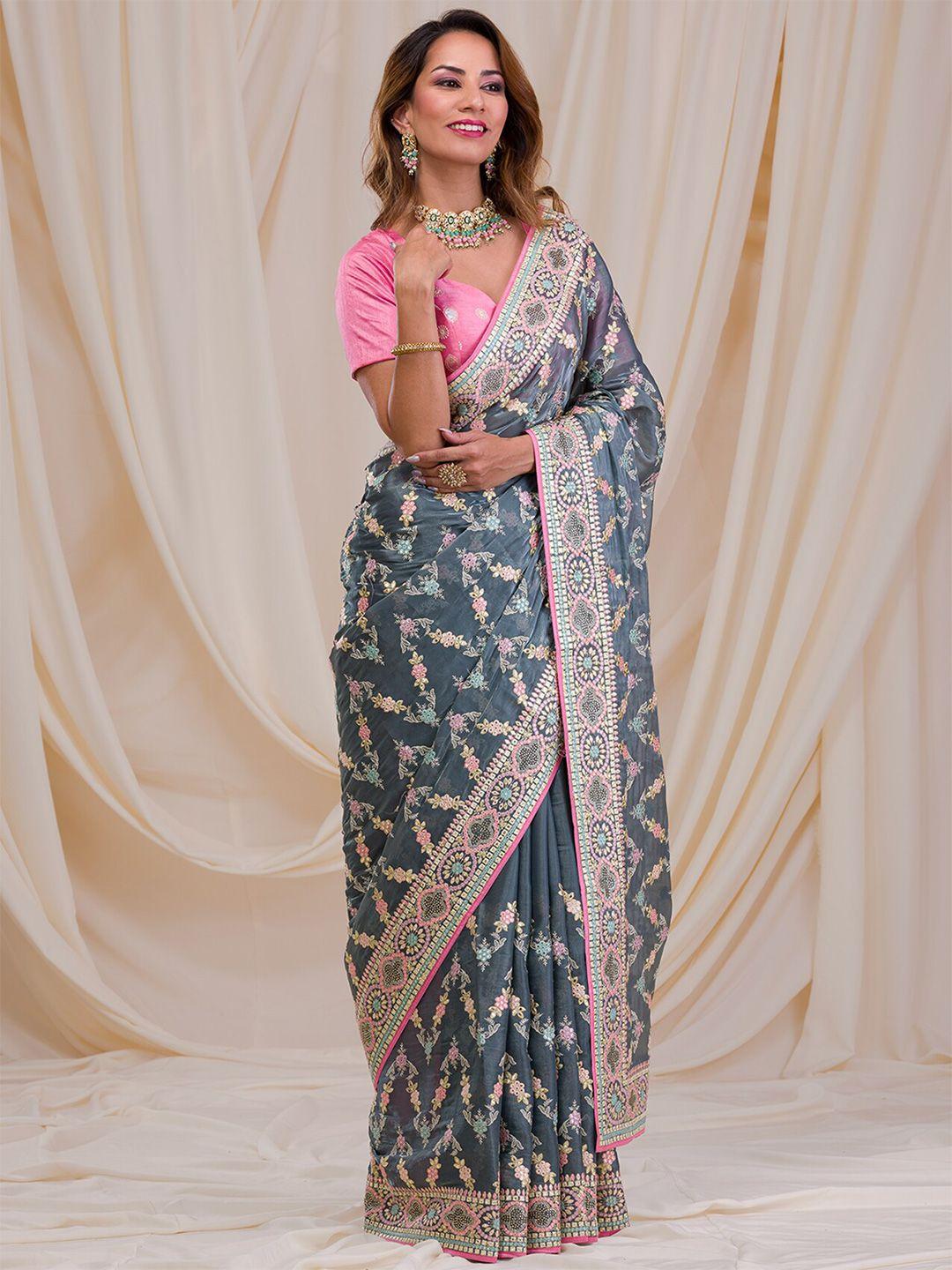 koskii floral embroidered mirror work poly chiffon saree