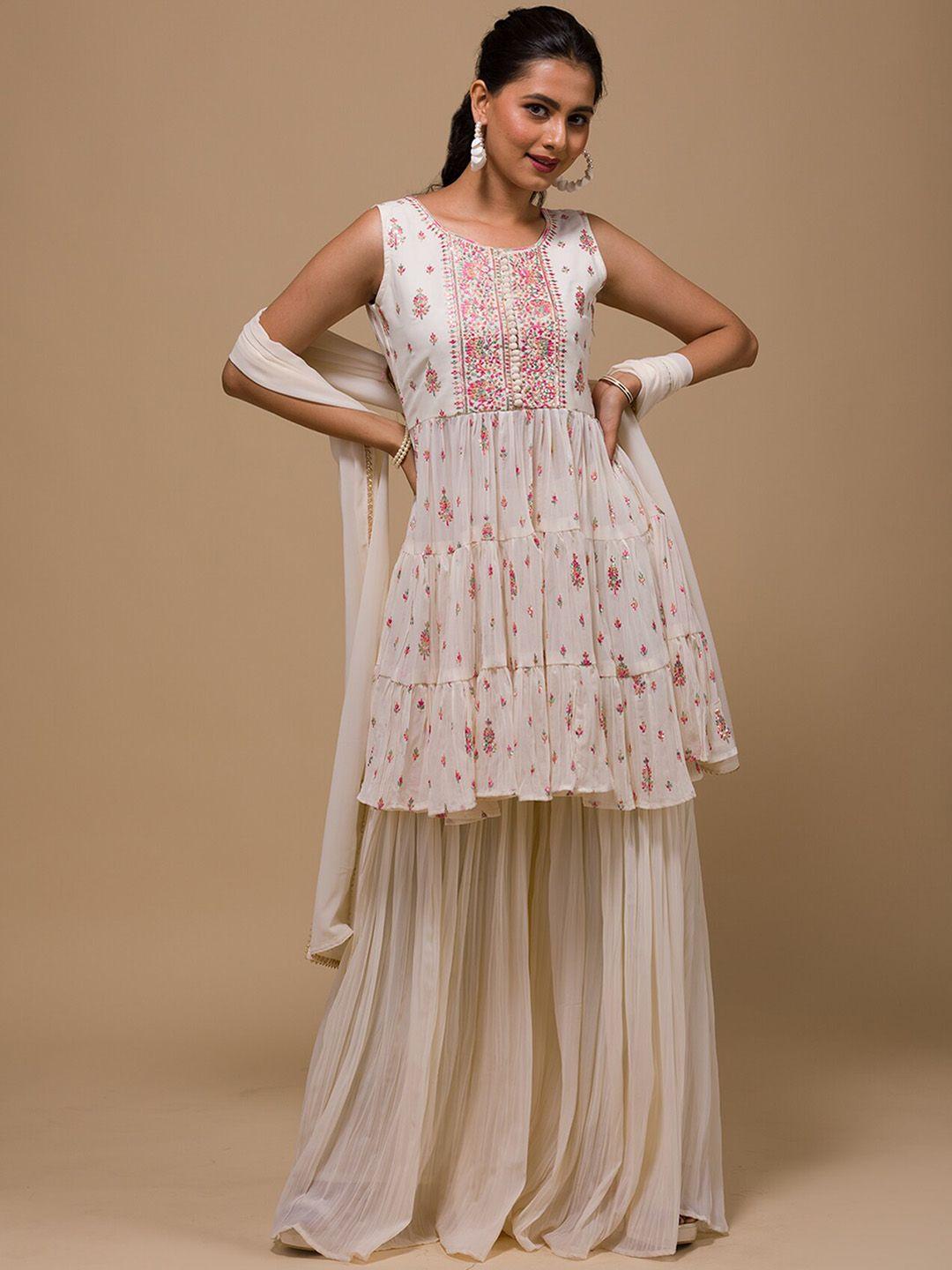 koskii floral embroidered sequined kurti with sharara & dupatta