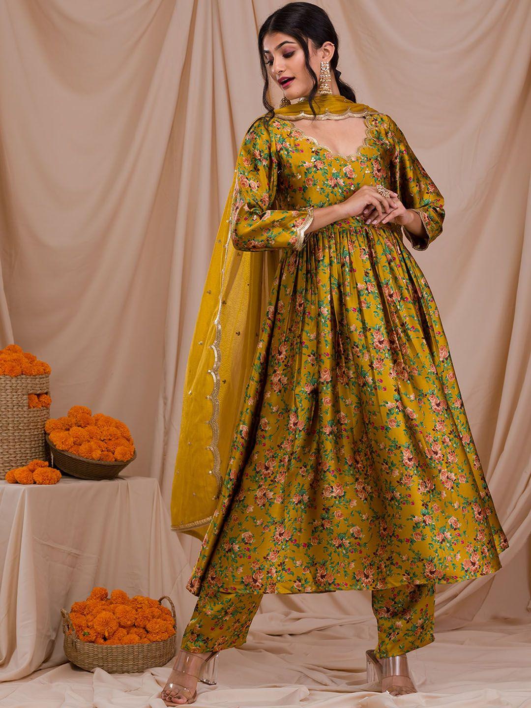 koskii floral printed empire sequinned kurta with salwar & dupatta