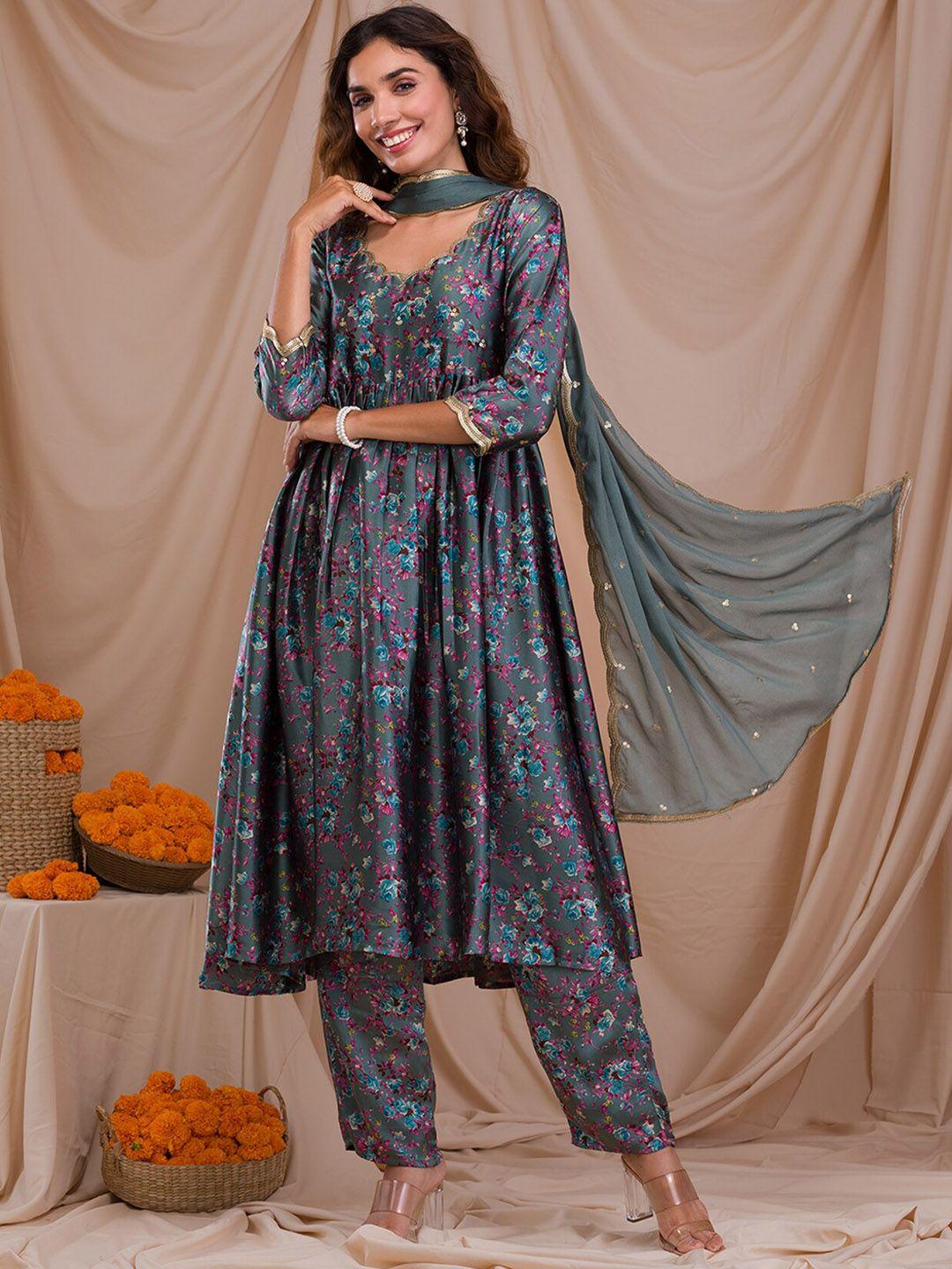 koskii floral printed empire sequinned kurta with trousers & dupatta