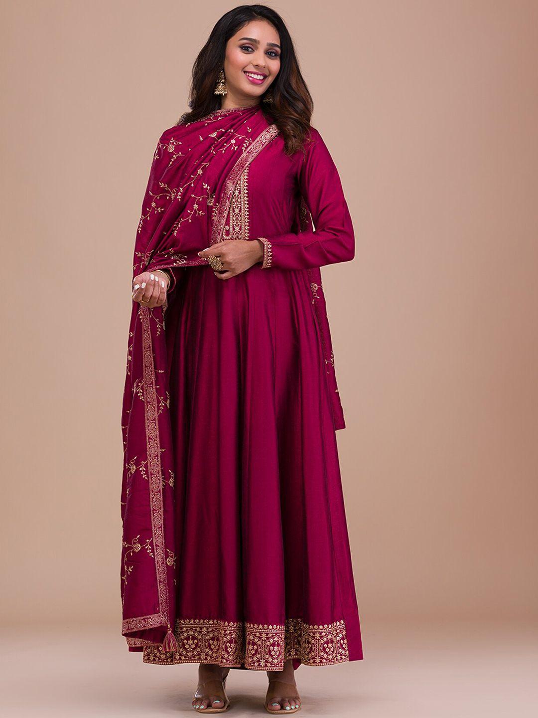 koskii floral yoke design thread work anarkali kurta with trousers & dupatta