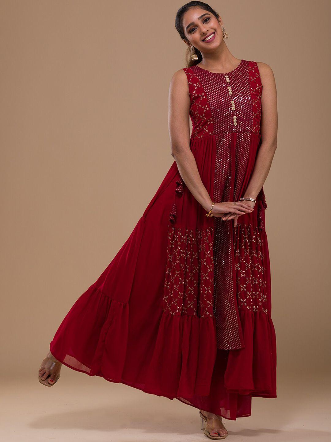 koskii geometric embroidered sequined kurta with palazzos & dupatta