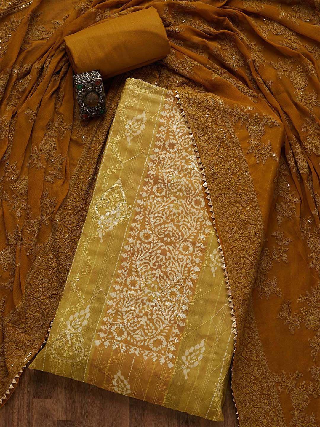 koskii green & brown printed art silk unstitched dress material