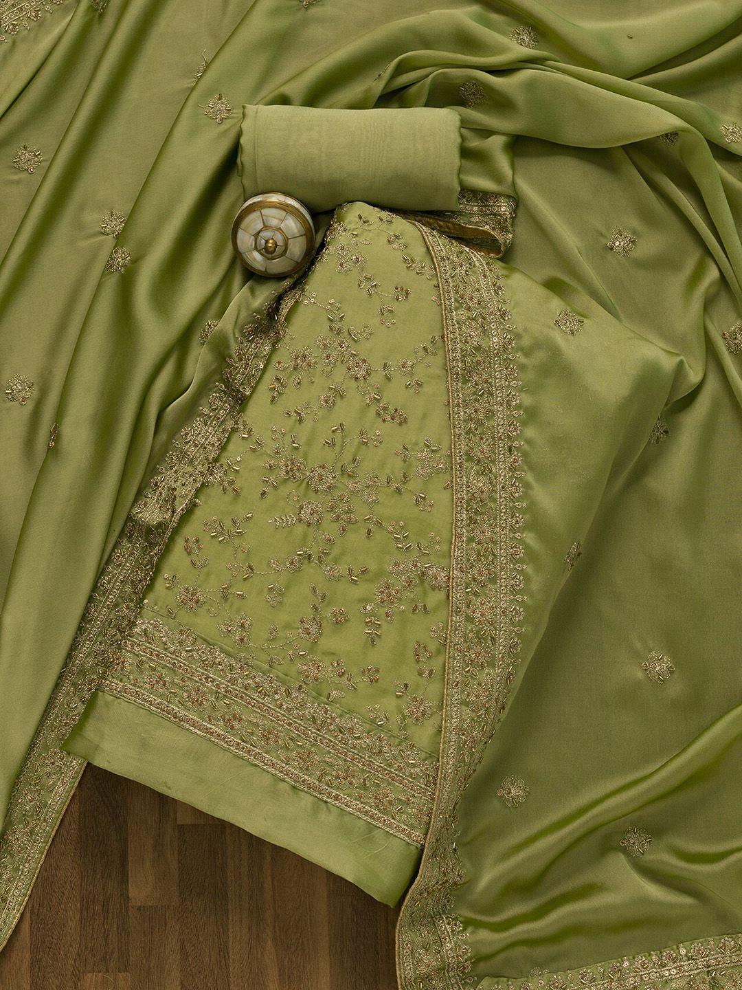 koskii green & gold-toned embroidered unstitched dress material