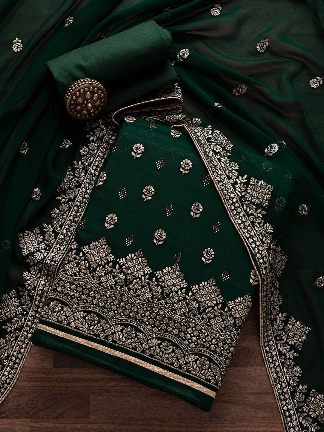 koskii green & gold-toned embroidered unstitched dress material