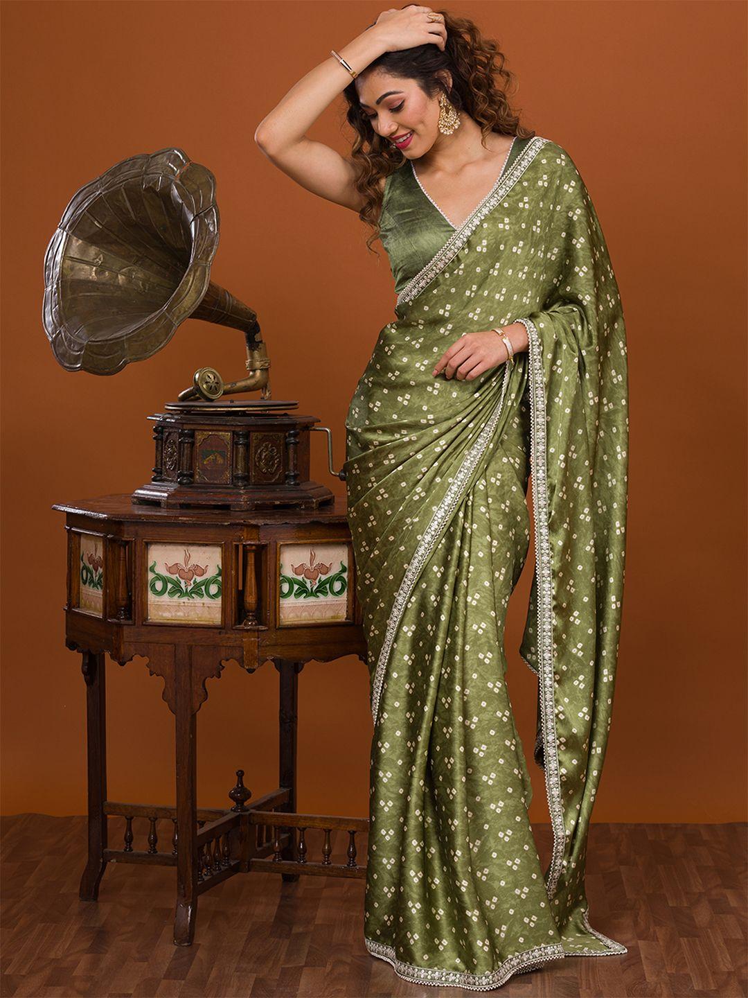 koskii green & white bandhani embroidered bandhani saree