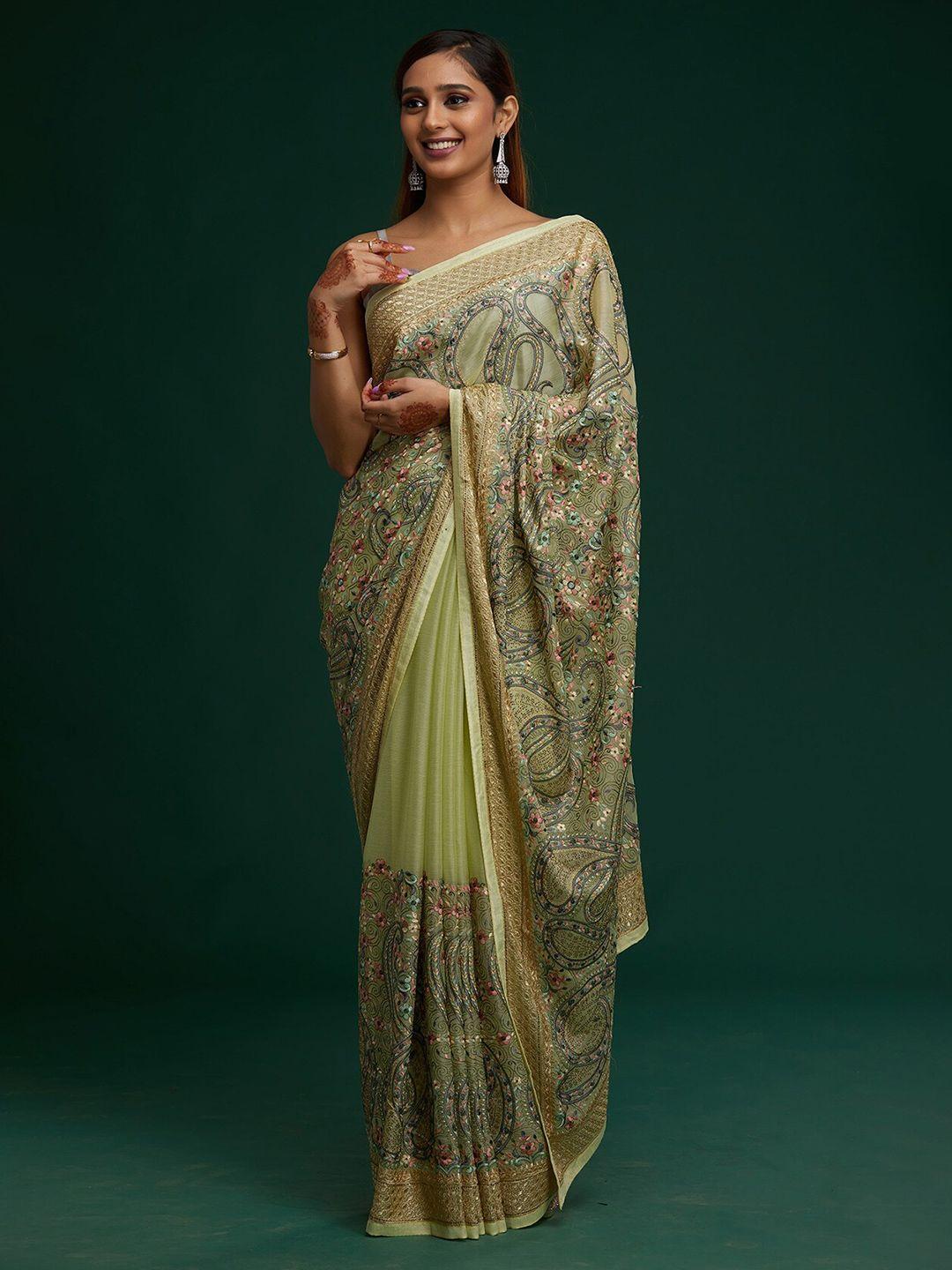 koskii green floral embroidered saree