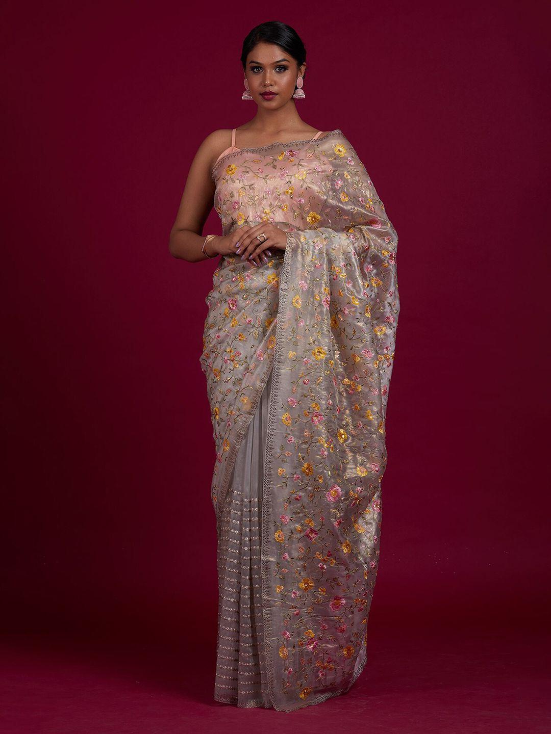 koskii grey floral embroidered tissue saree