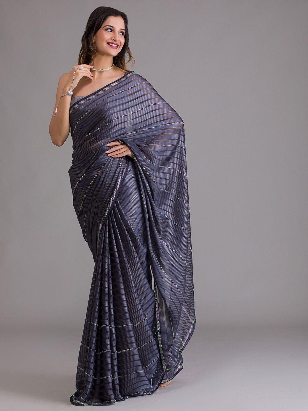 koskii grey striped beads and stones saree