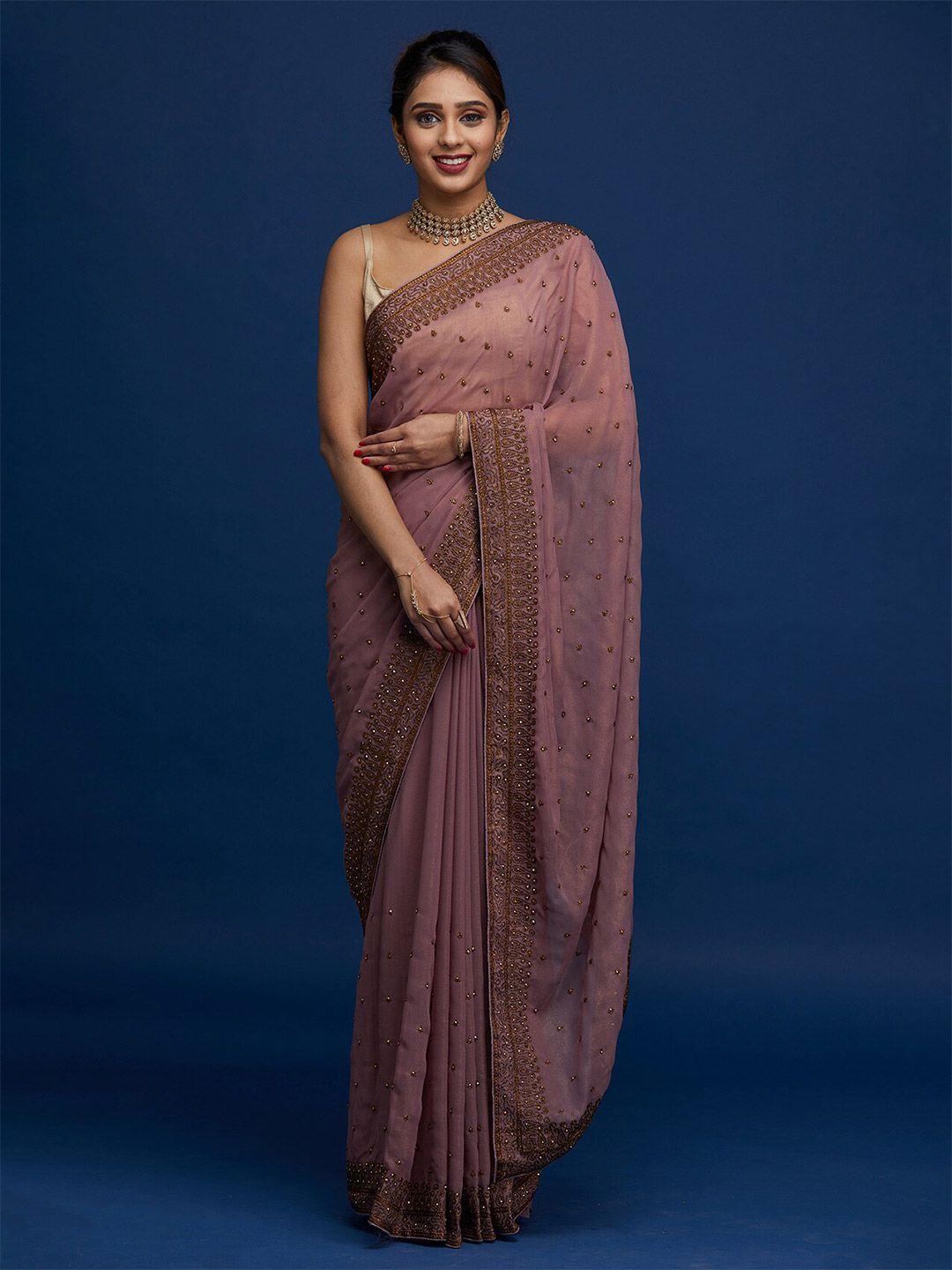 koskii lavender & gold-toned floral embroidered saree