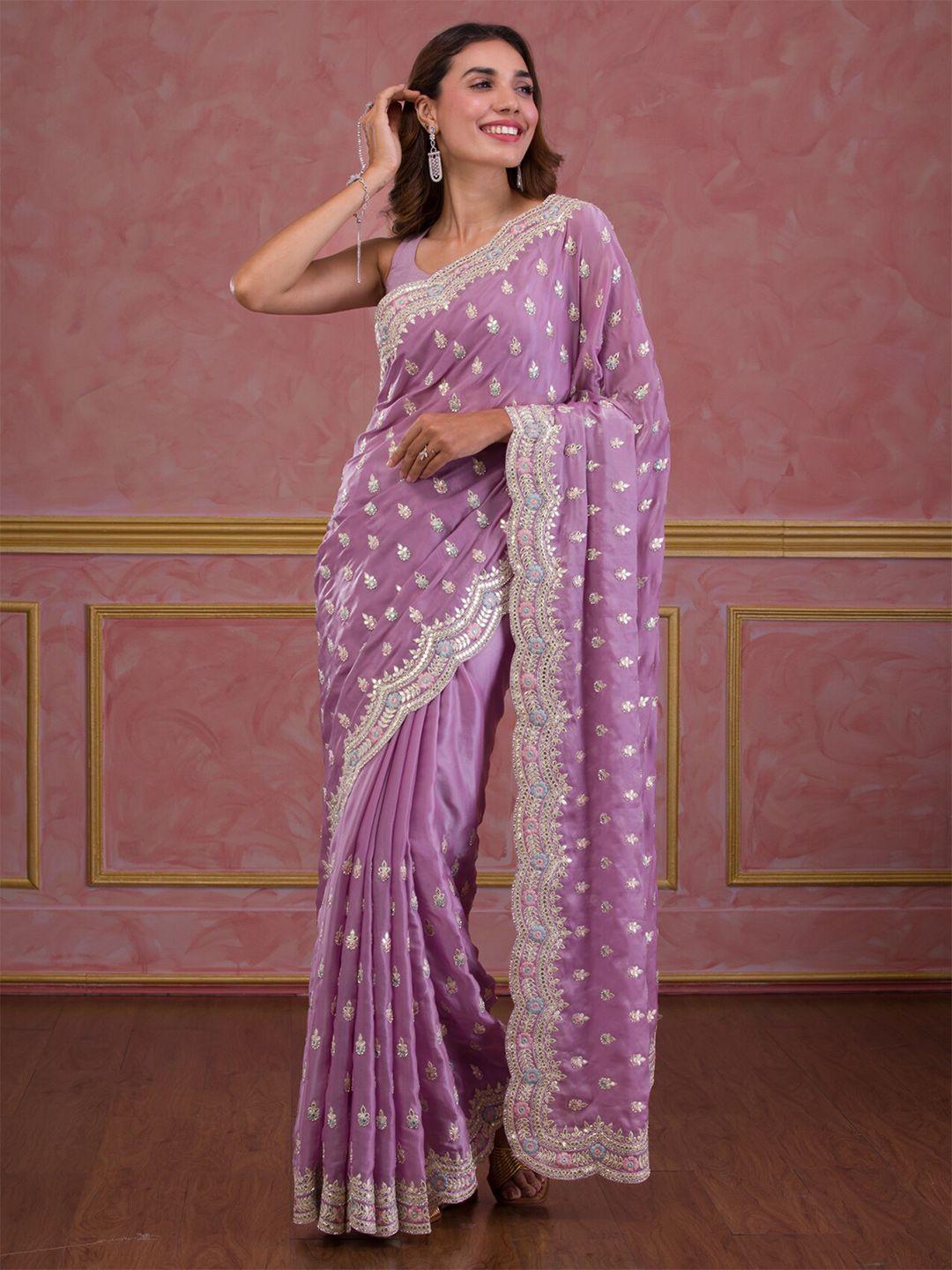 koskii lavender & white floral gotta patti organza saree