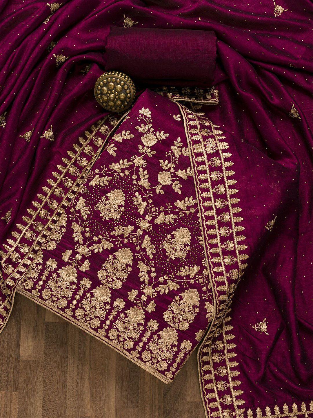 koskii maroon & gold-toned embroidered art silk unstitched dress material