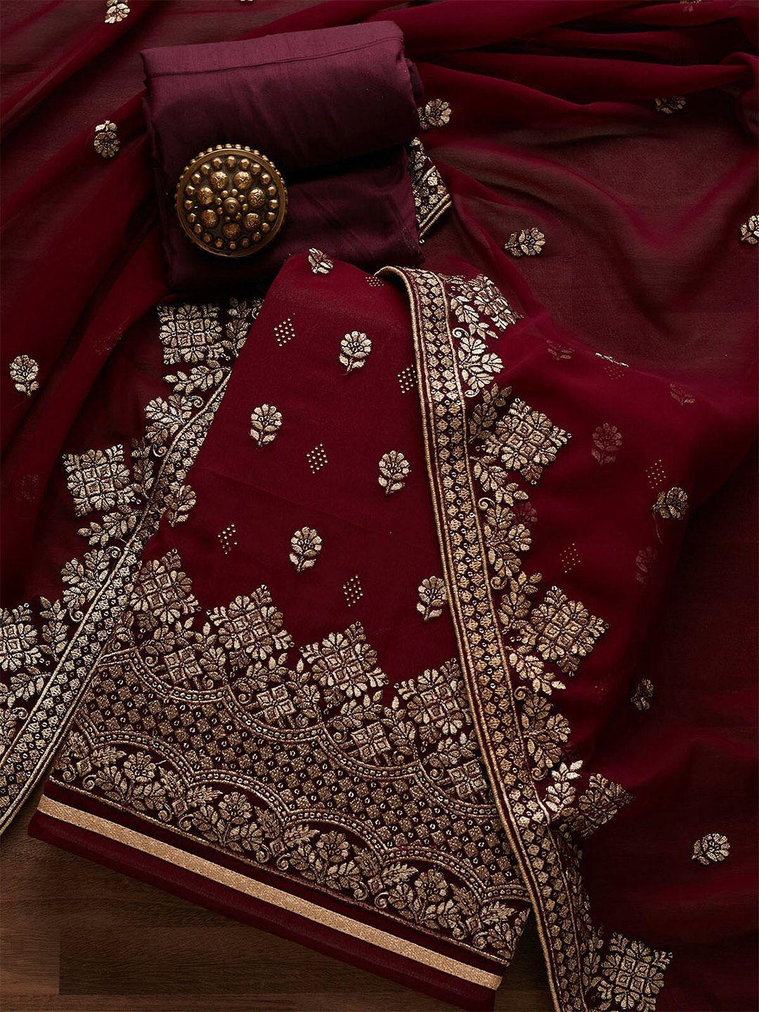 koskii maroon & gold-toned embroidered unstitched dress material