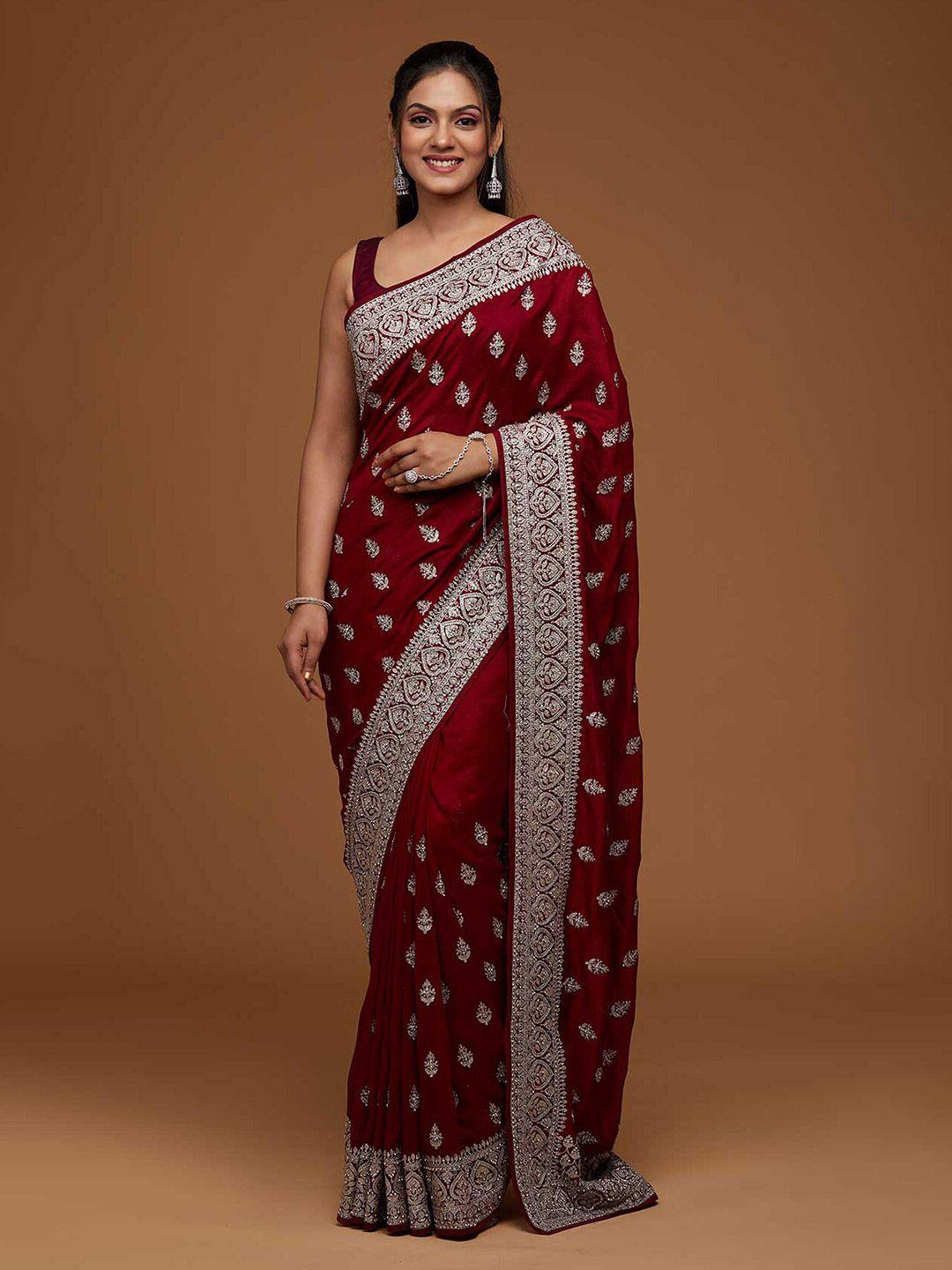 koskii maroon & gold-toned floral embroidered art silk saree