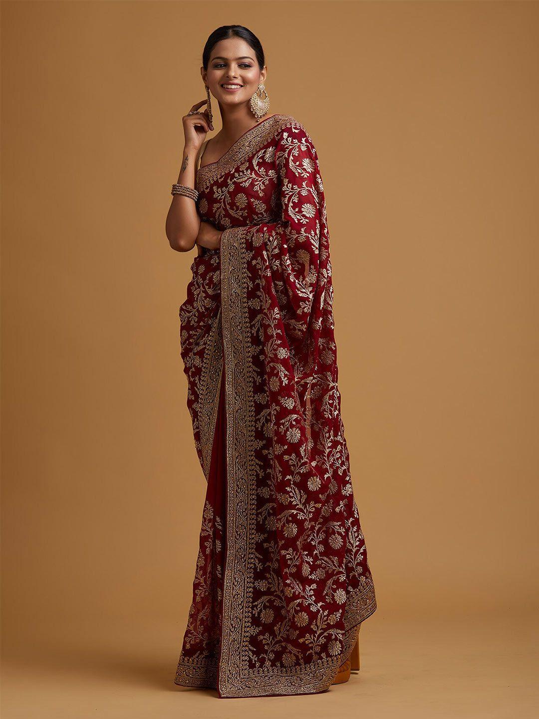 koskii maroon & gold-toned floral zari saree