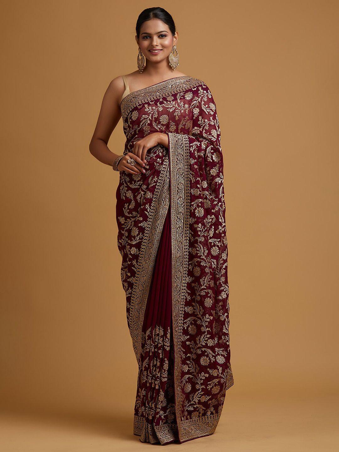 koskii maroon & gold-toned floral zari saree