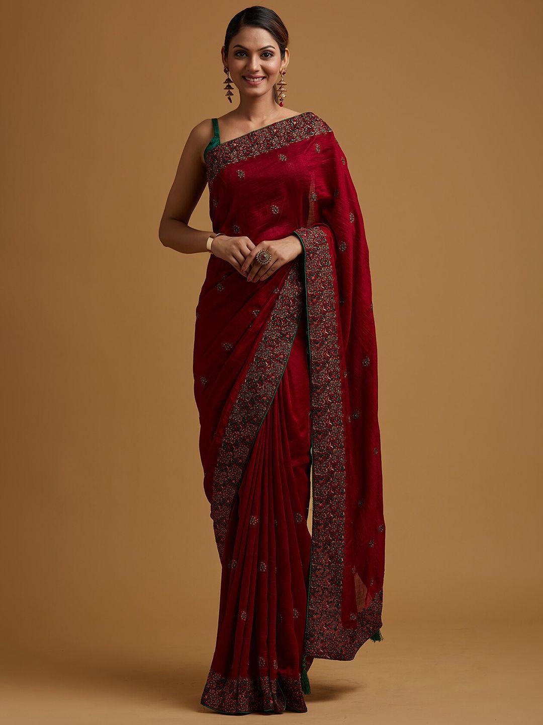 koskii maroon & green floral embroidered art silk saree