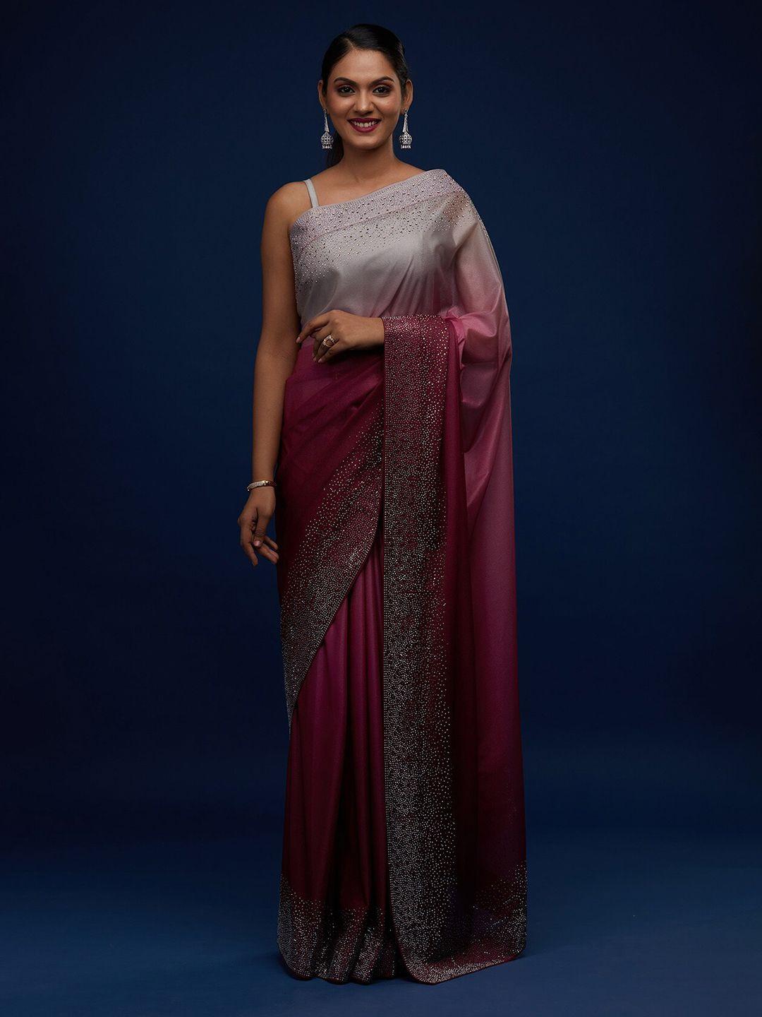 koskii maroon & silver-toned ombre embroidered tissue saree