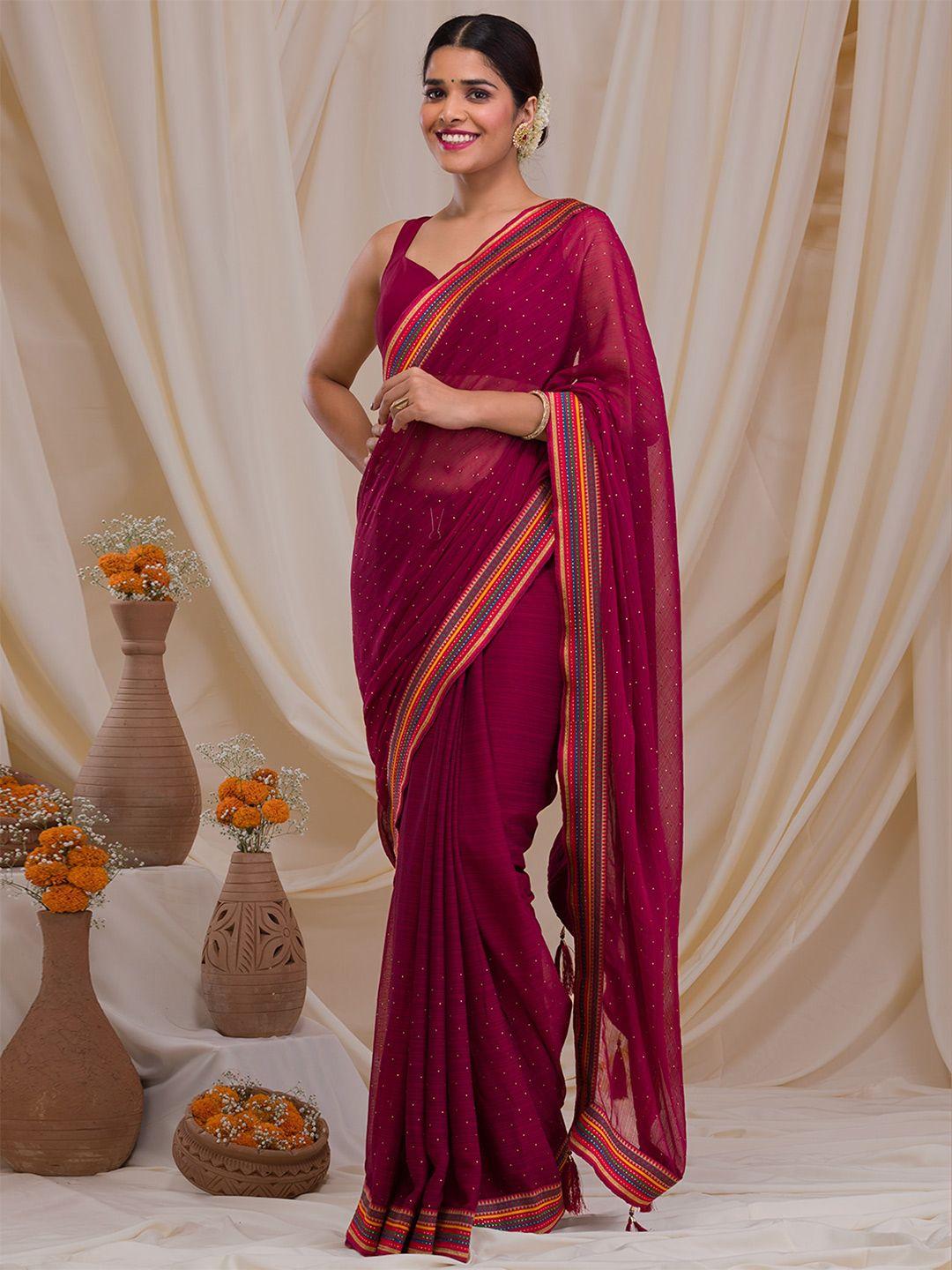 koskii maroon & yellow embellished embroidered georgette saree