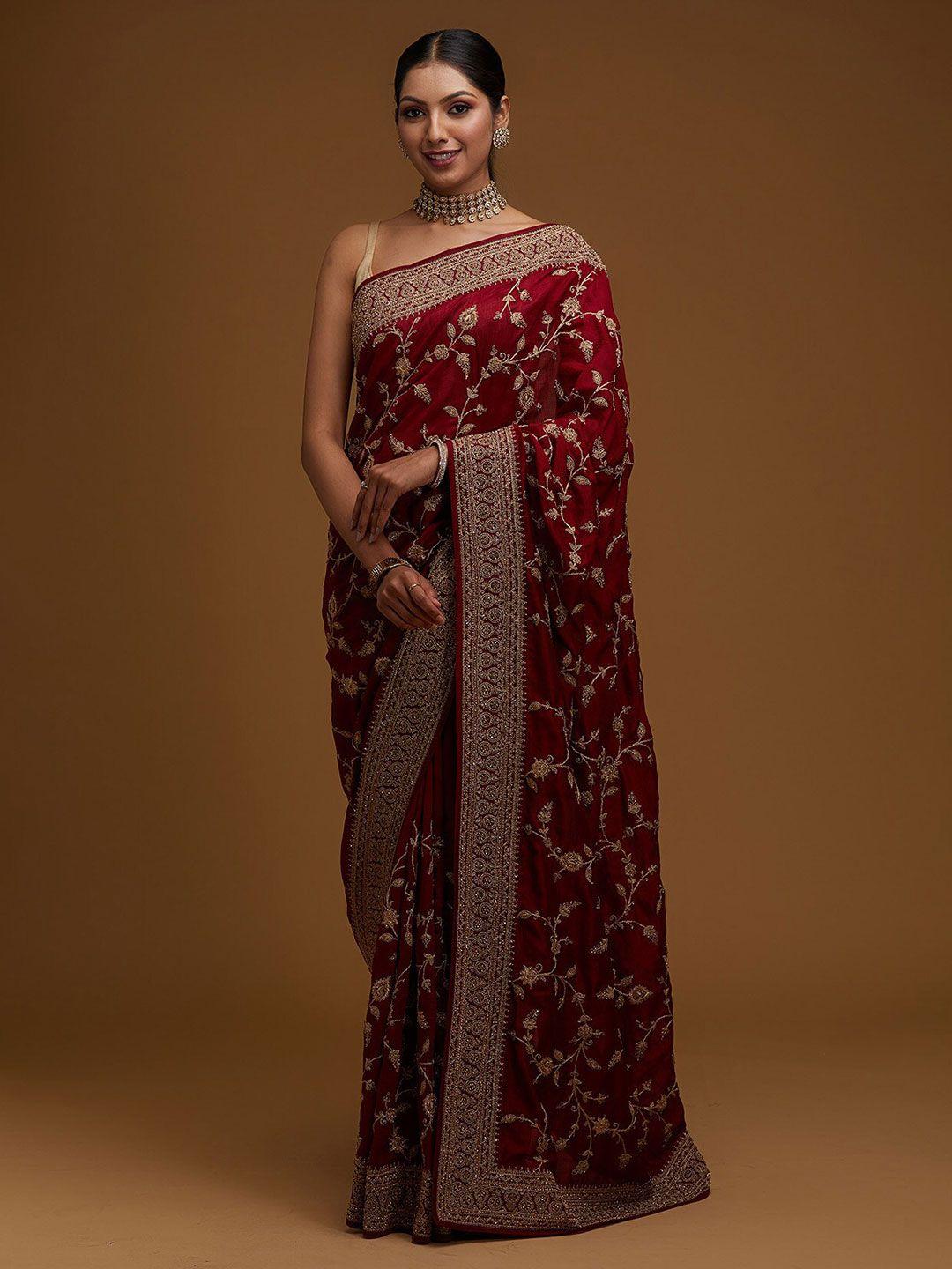 koskii maroon floral embroidered art silk heavy work saree