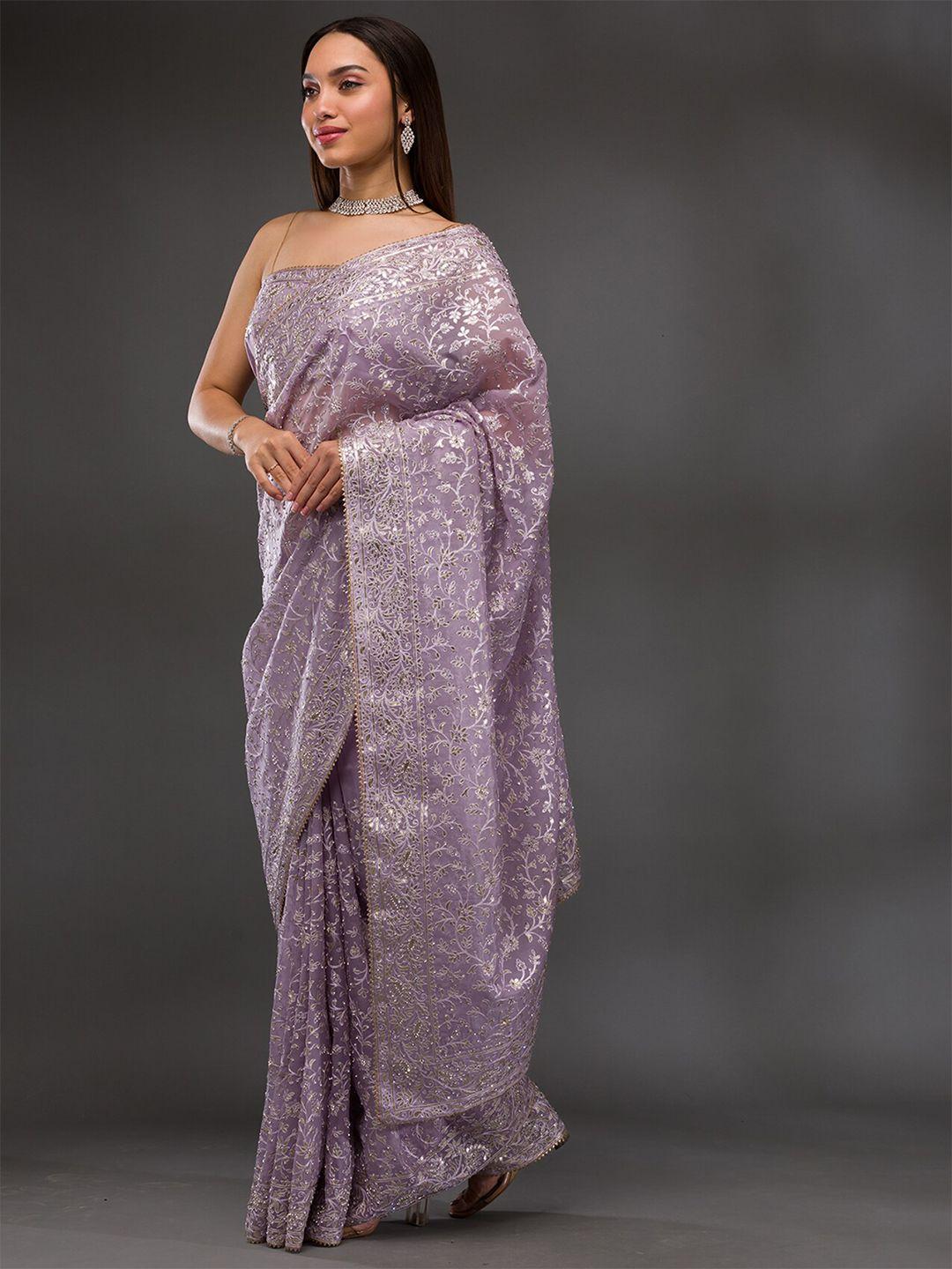 koskii mauve floral embroidered gotta patti tissue saree