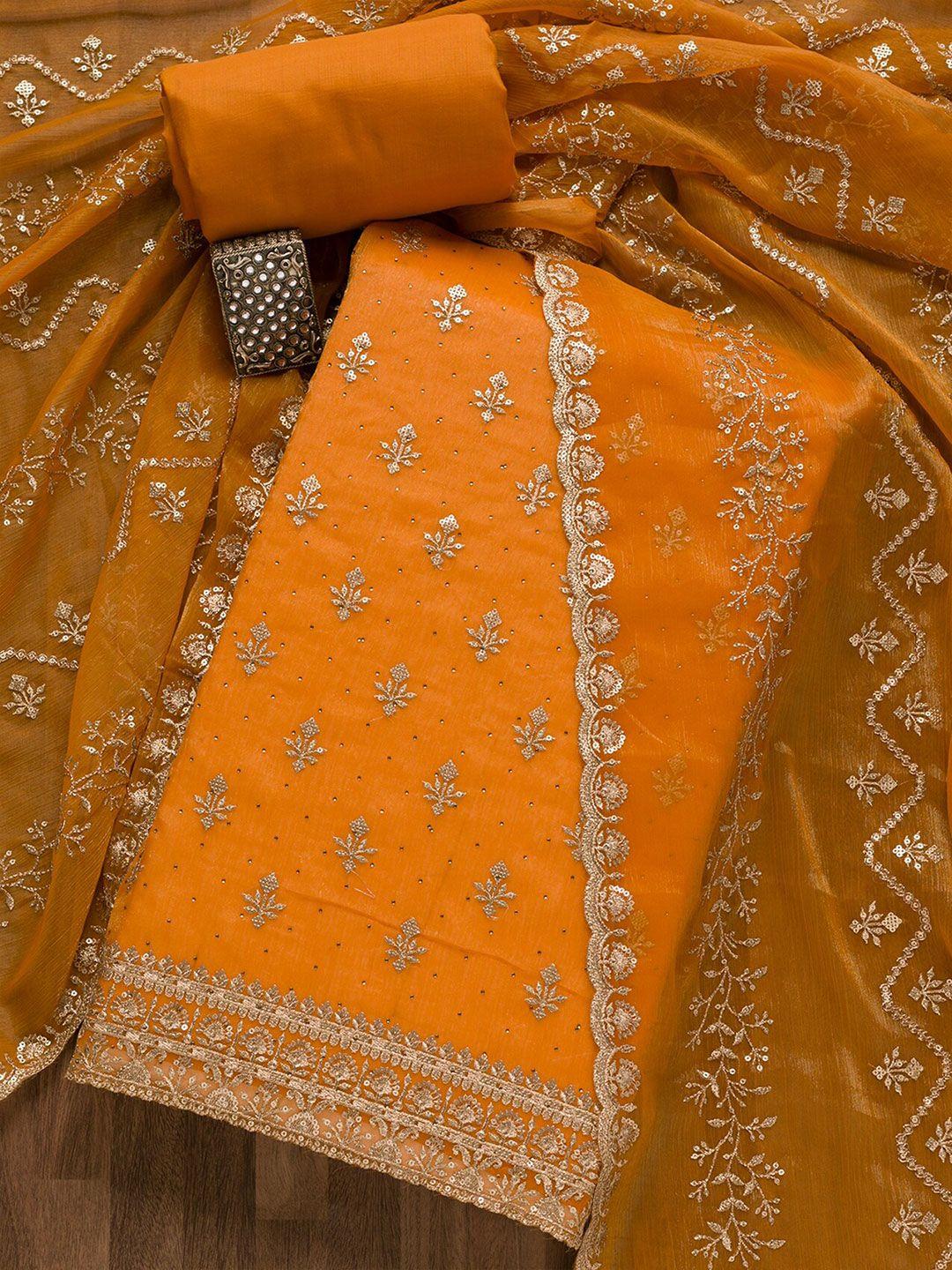 koskii mustard & gold-toned embroidered silk georgette unstitched dress material