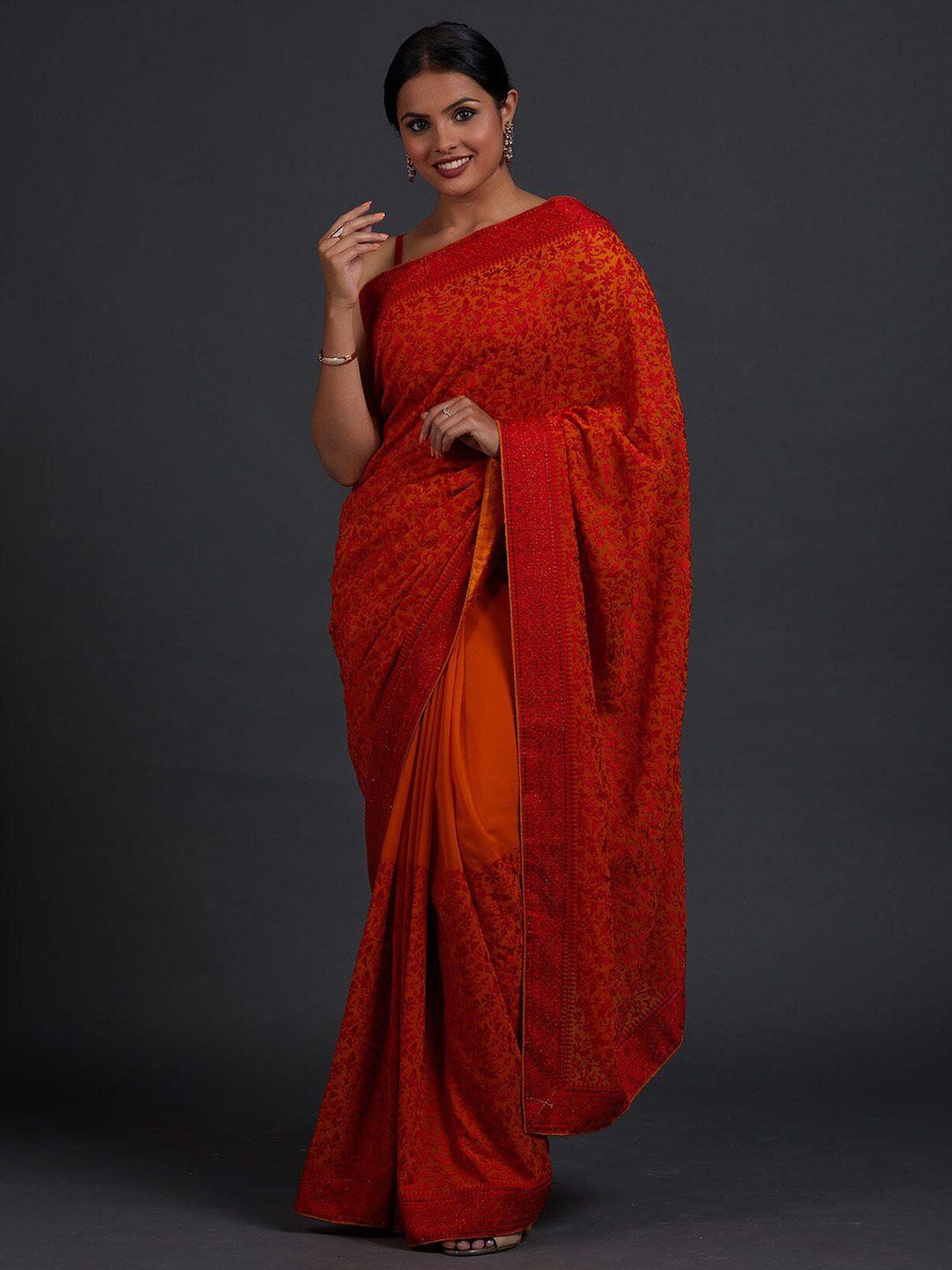 koskii mustard & red floral embroidered saree