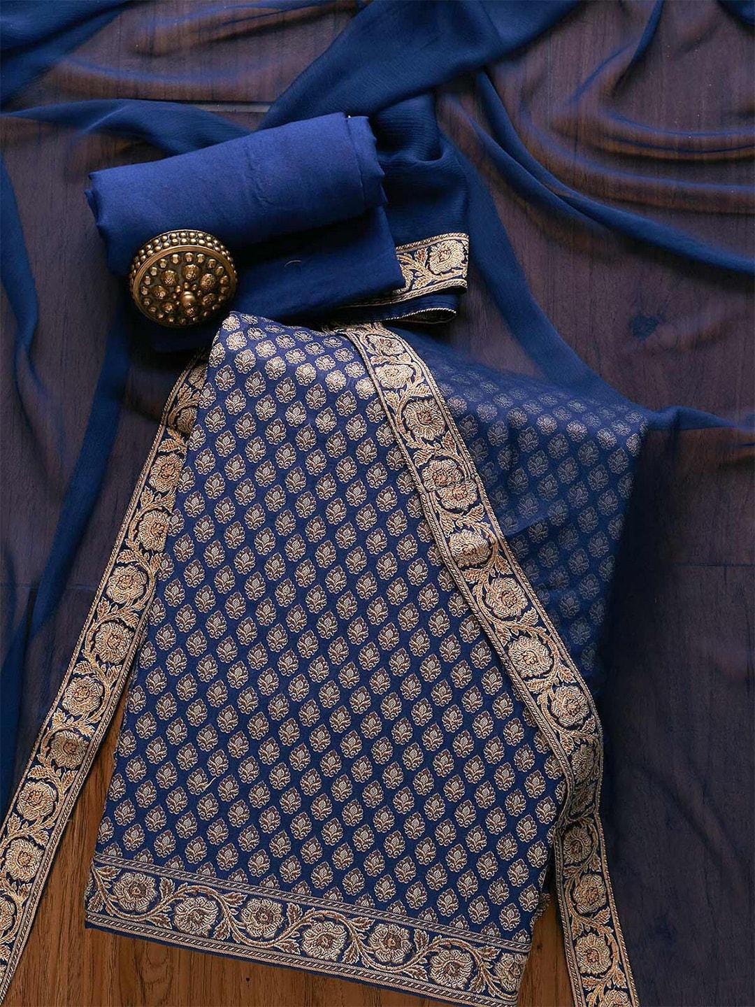koskii navy blue & gold-toned art silk zariwork unstitched dress material