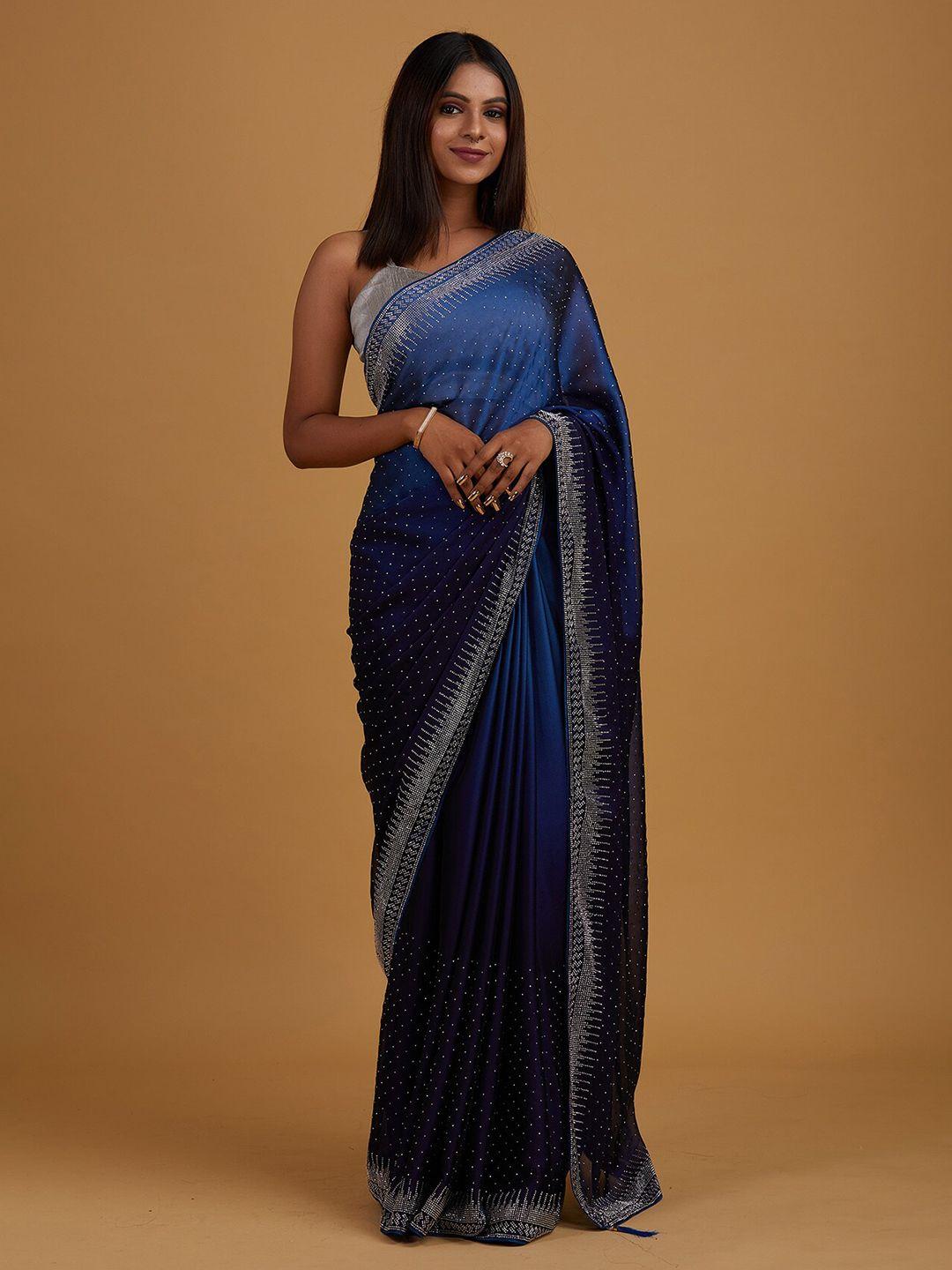 koskii navy blue & silver-toned embellished embroidered saree