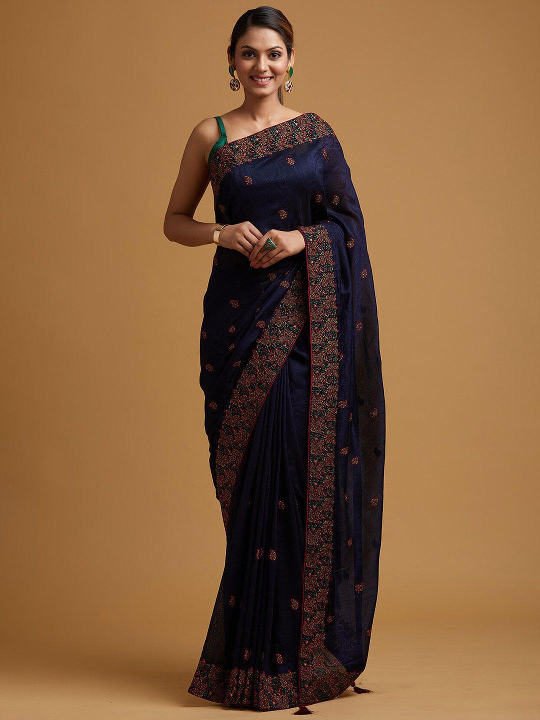 koskii navy blue paisley embroidered art silk saree