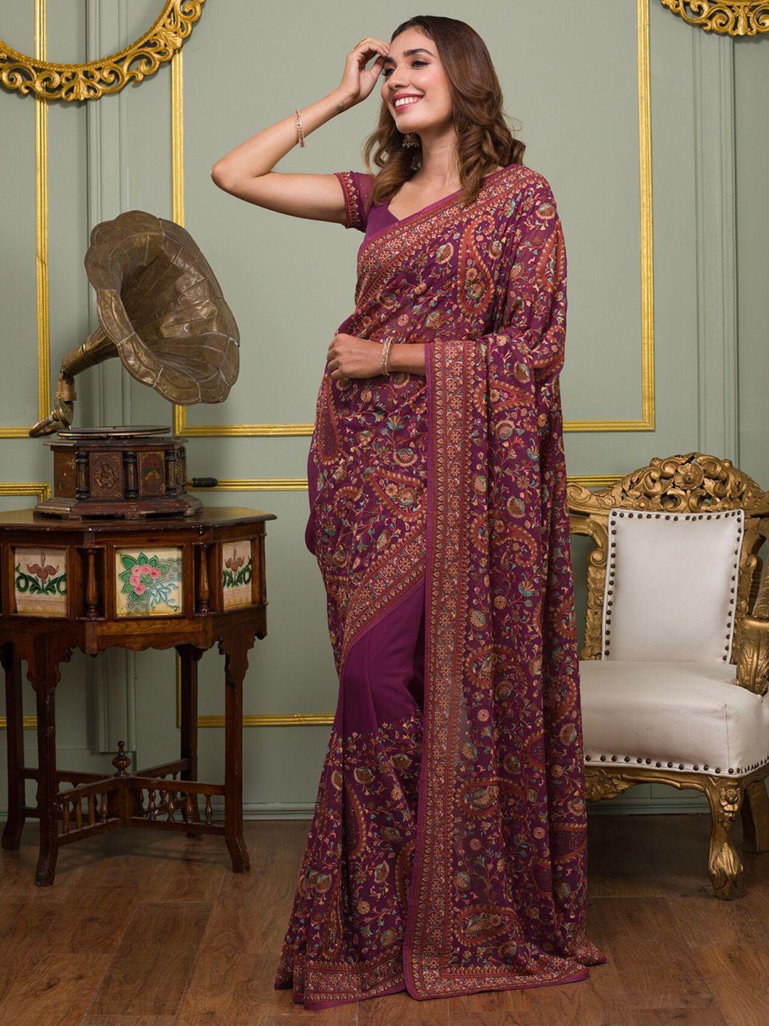 koskii paisley embroidered poly georgette saree with blouse piece