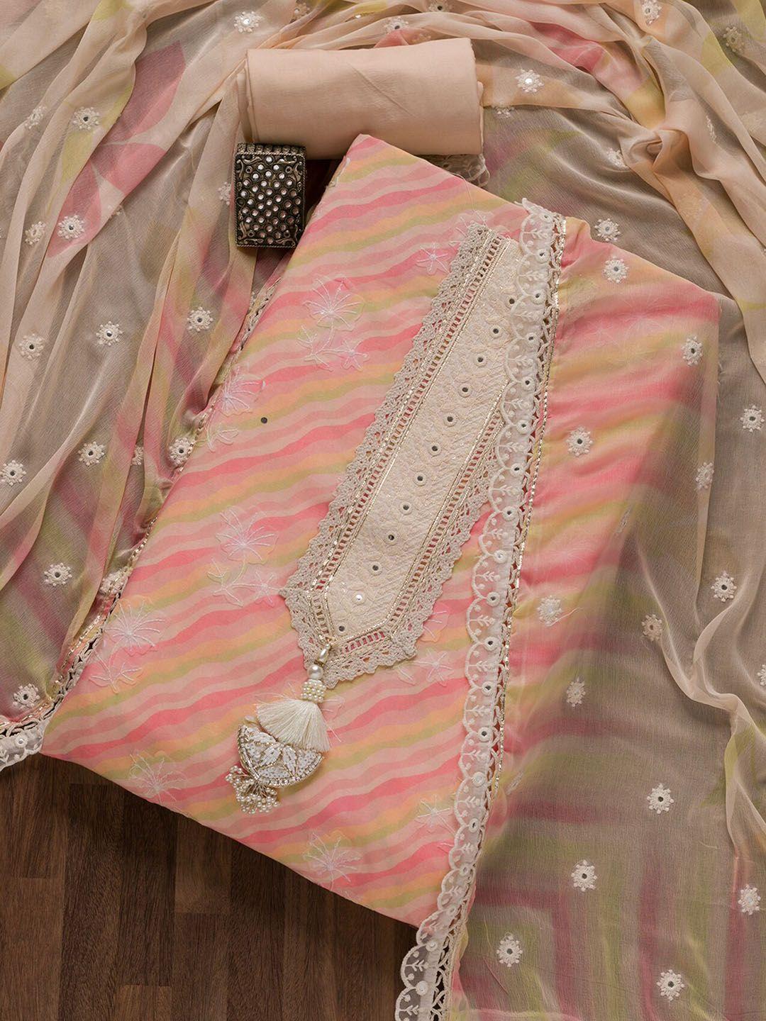 koskii peach-coloured & beige embroidered pure cotton unstitched dress material