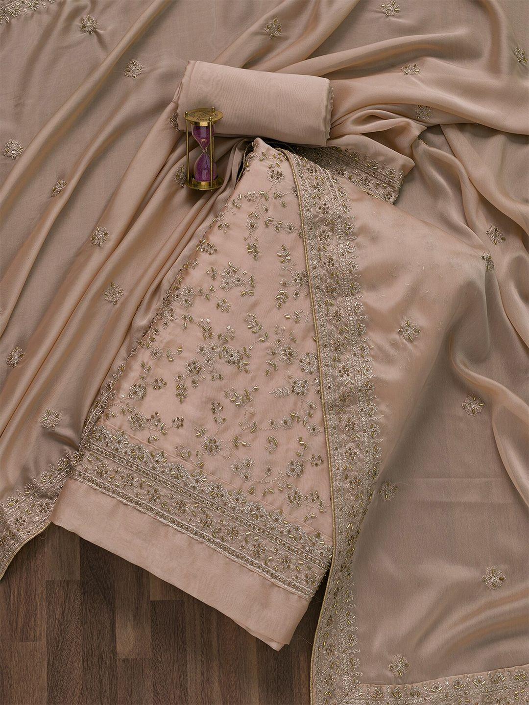 koskii peach-coloured & gold-toned embroidered unstitched dress material