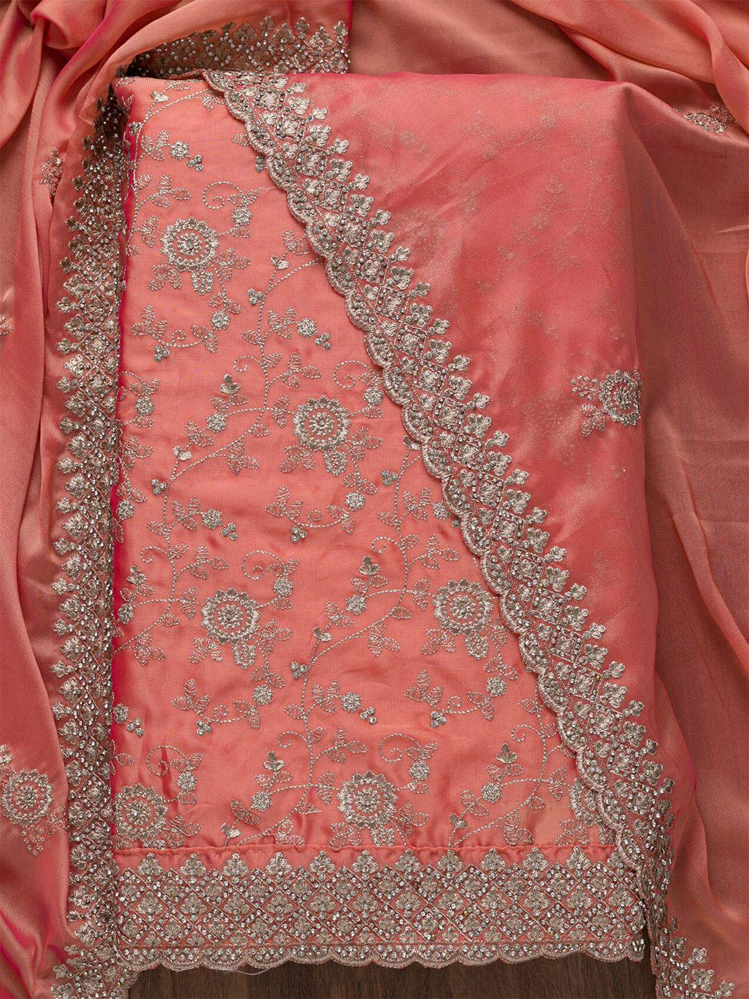 koskii peach-coloured & silver-toned embroidered satin unstitched dress material