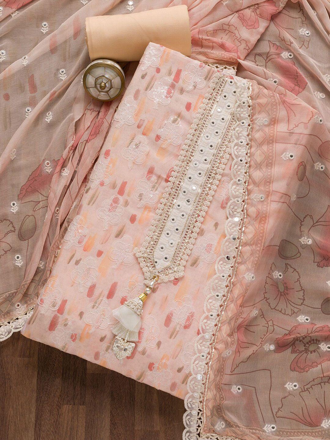 koskii peach-coloured & white embroidered pure cotton unstitched dress material