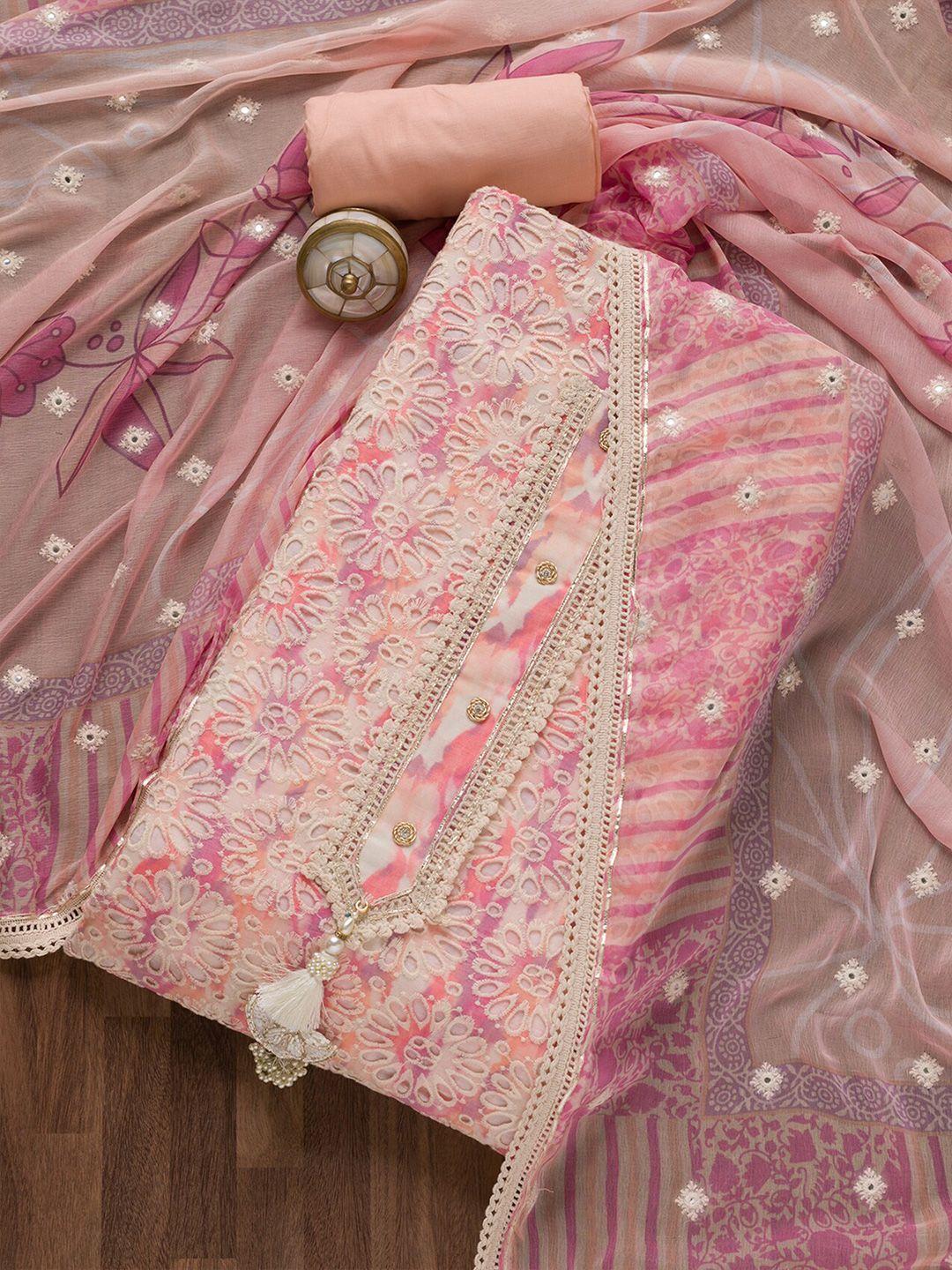 koskii pink & cream-coloured embroidered pure cotton unstitched dress material