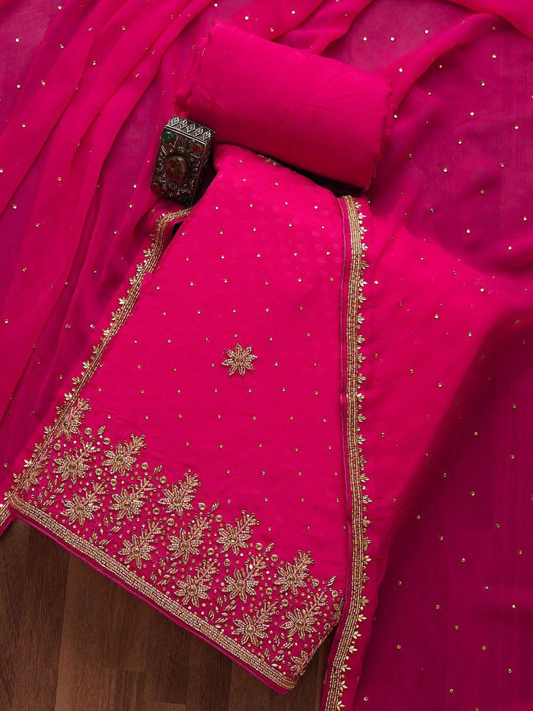 koskii pink & gold-toned embroidered unstitched dress material