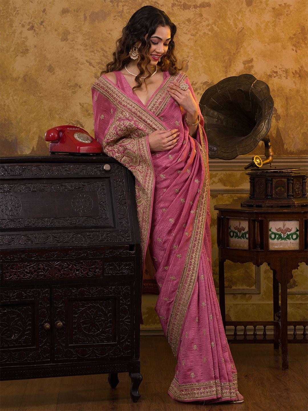 koskii pink & gold-toned floral embroidered art silk saree