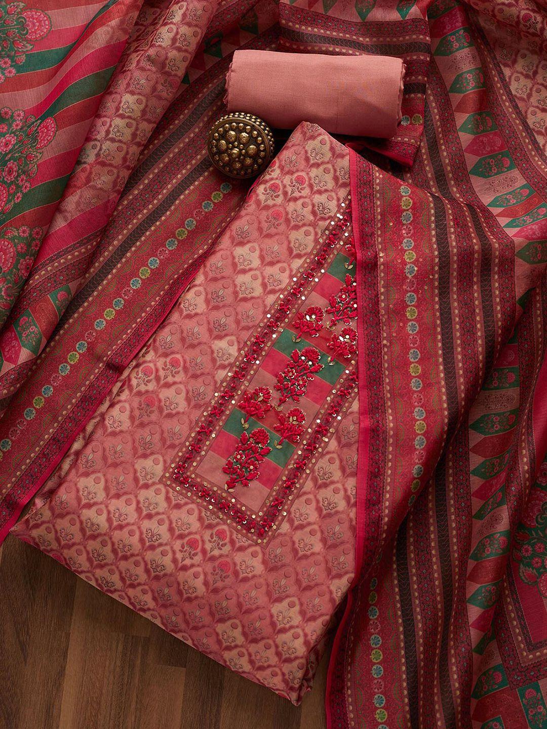 koskii pink & green embroidered art silk unstitched dress material