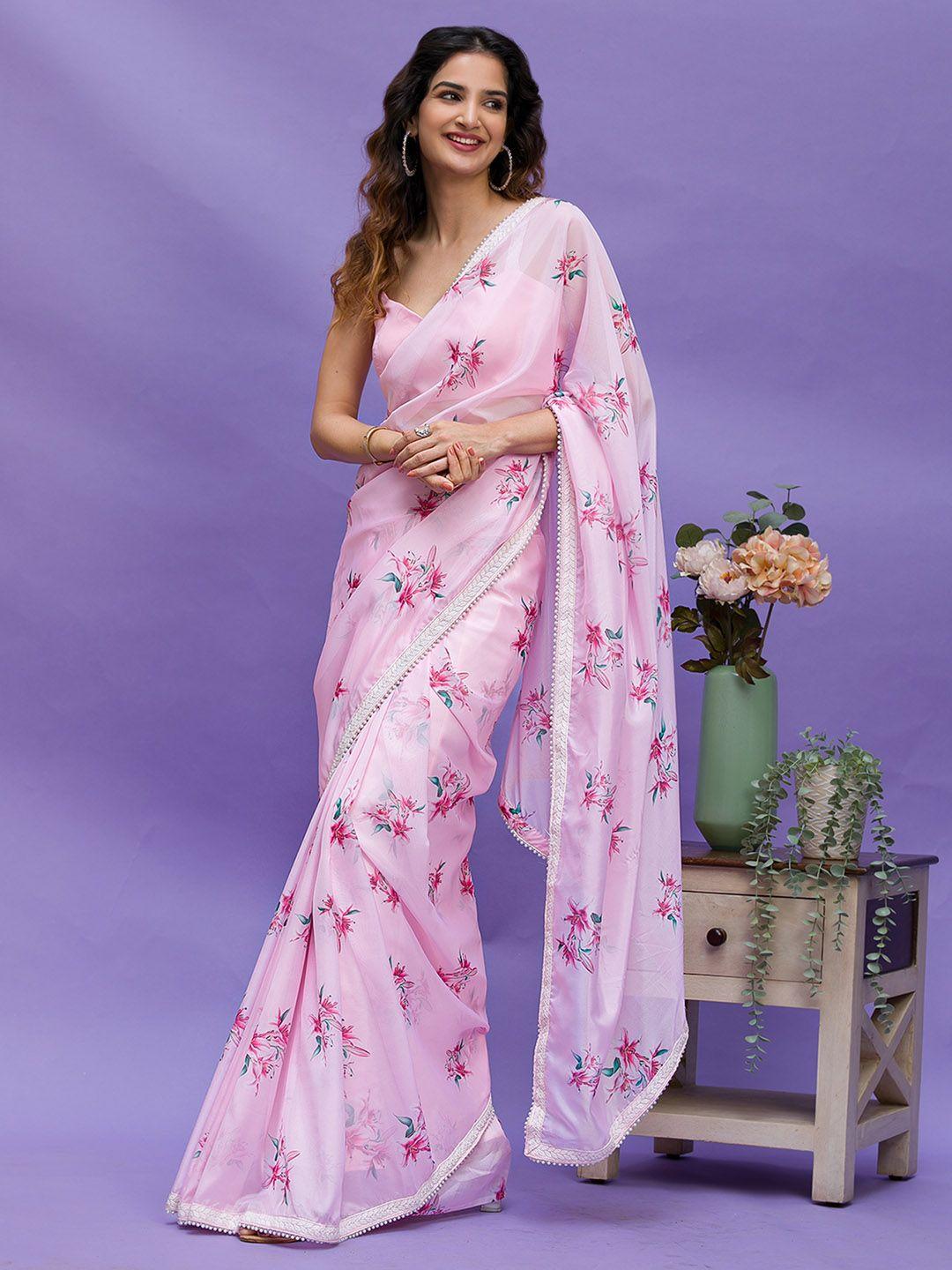 koskii pink & green floral tissue saree