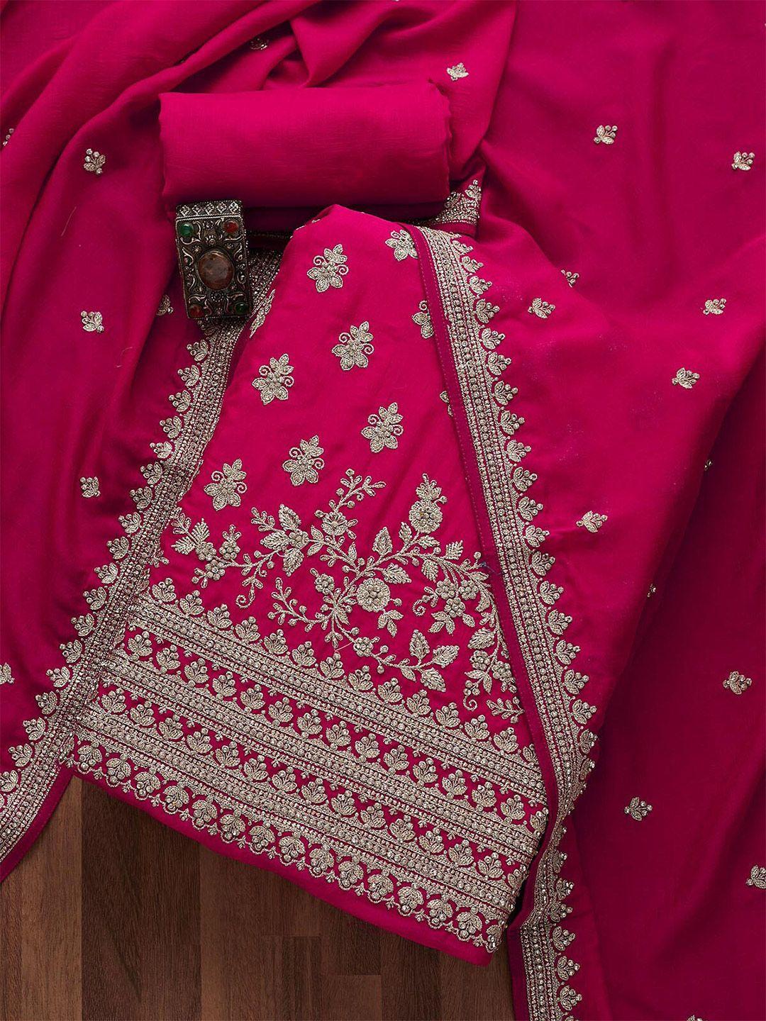 koskii pink & silver-toned embroidered art silk unstitched dress material