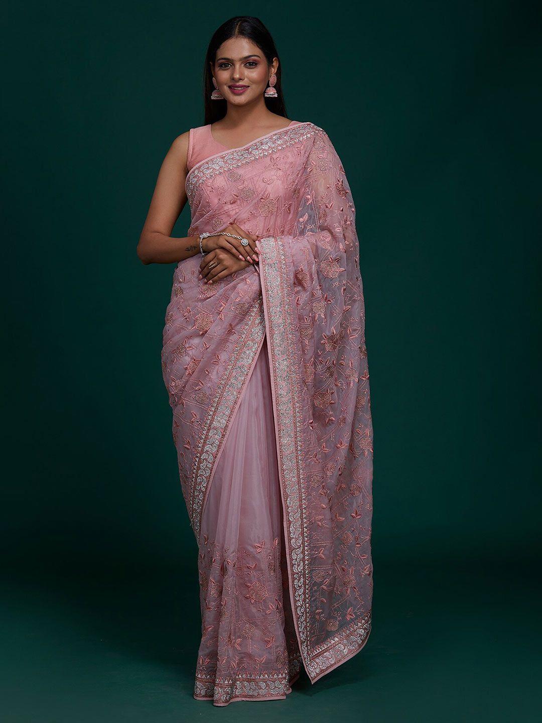 koskii pink & silver-toned floral embroidered tissue saree