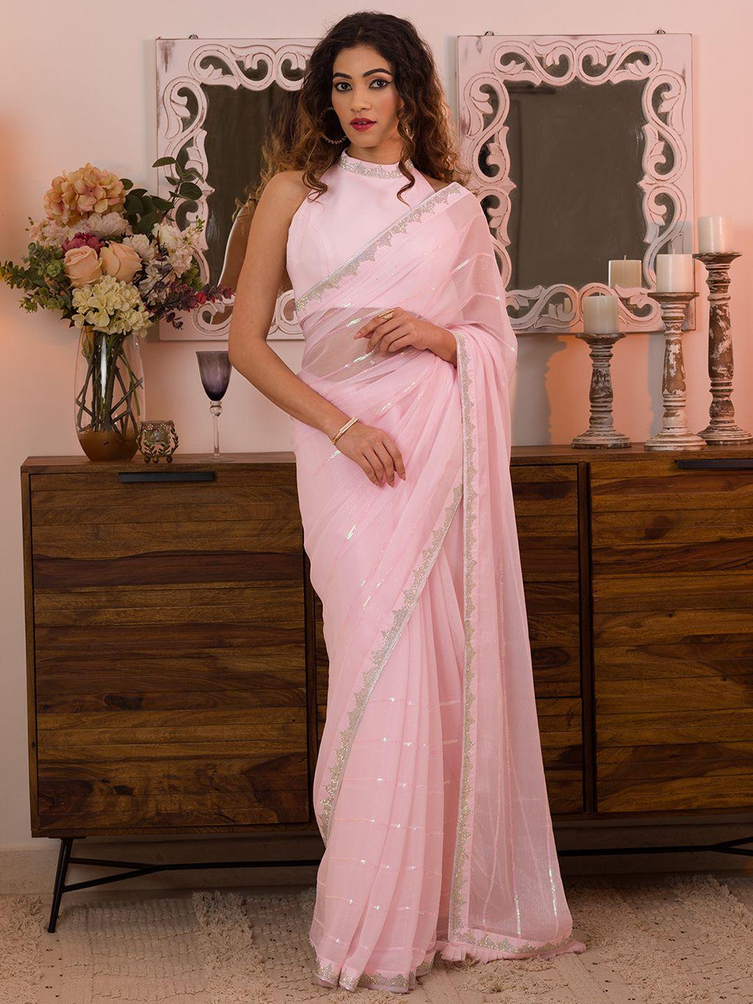 koskii pink & silver-toned striped beads and stones saree