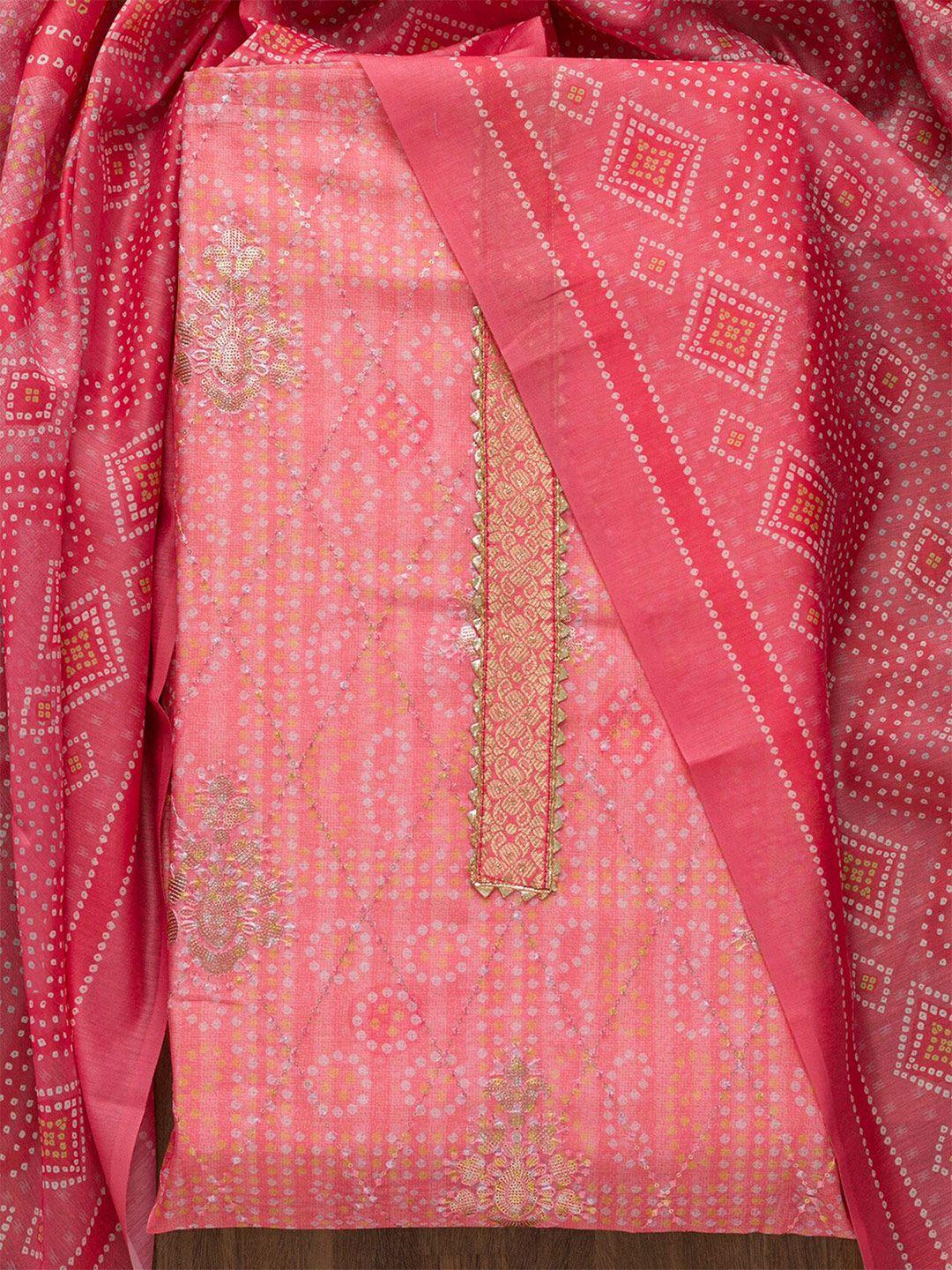 koskii pink & white printed art silk unstitched dress material