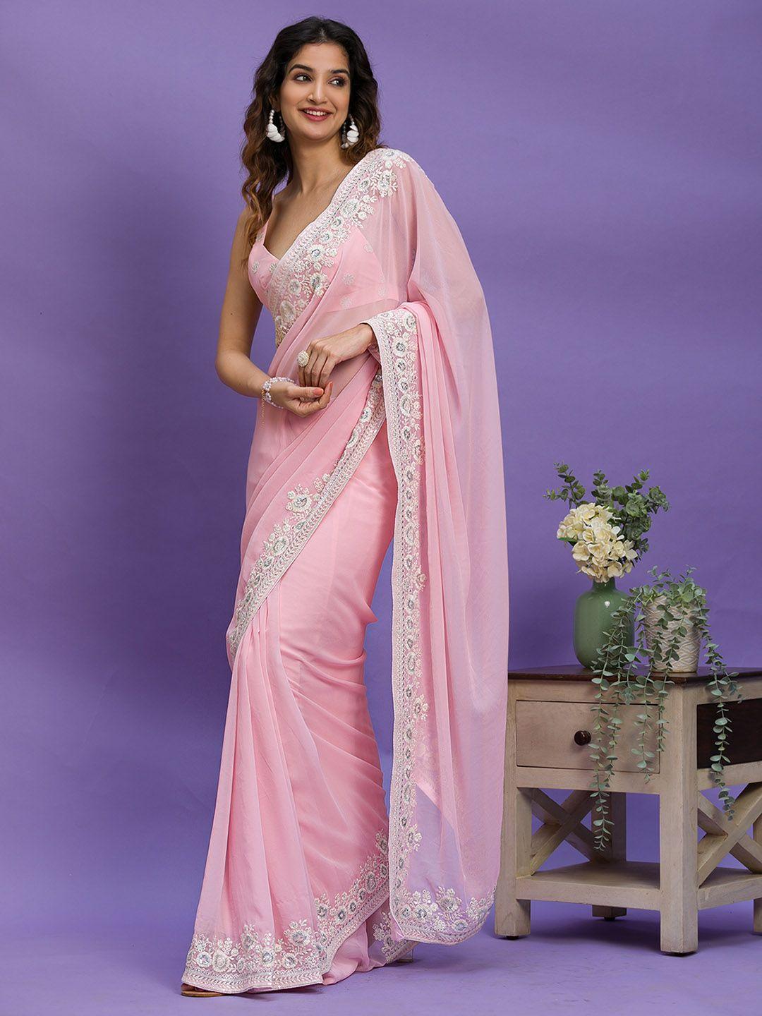 koskii pink & white sequinned poly georgette saree