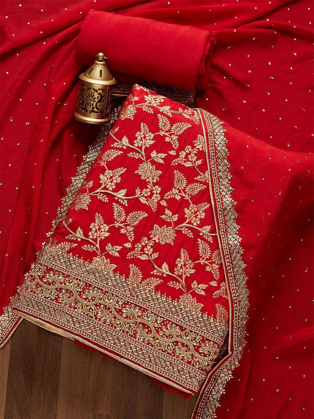 koskii red & gold-toned embroidered art silk unstitched dress material